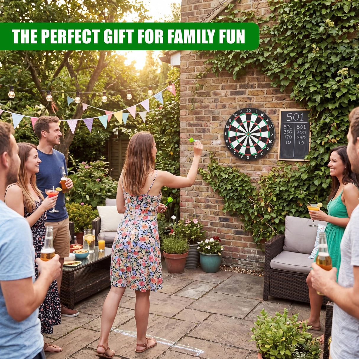 Dartboard mounted on a brick wall, featuring double sides and visible scoring sections for playing.