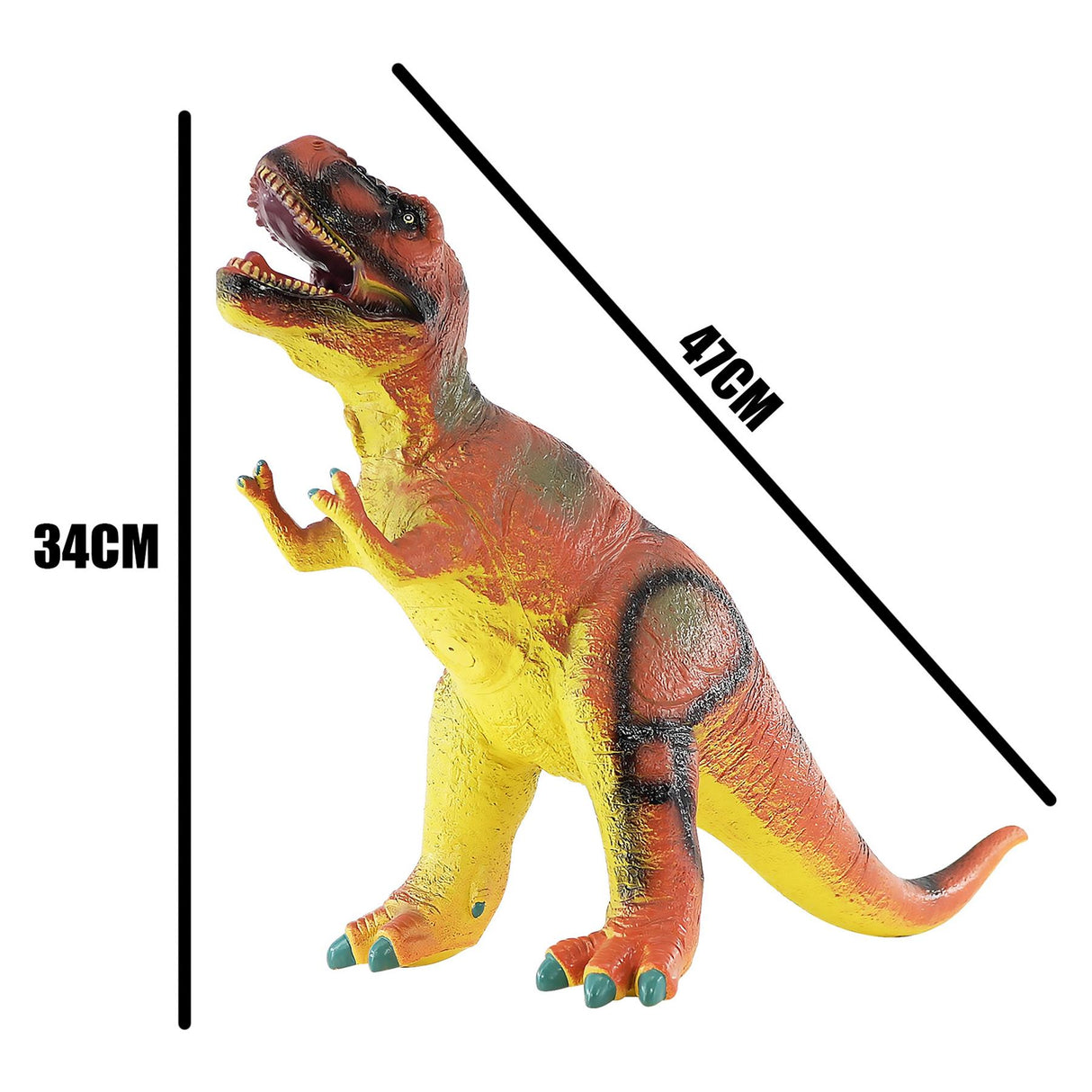 Yellow and red soft foam T-Rex dinosaur toy sculpture shown with size measurements.