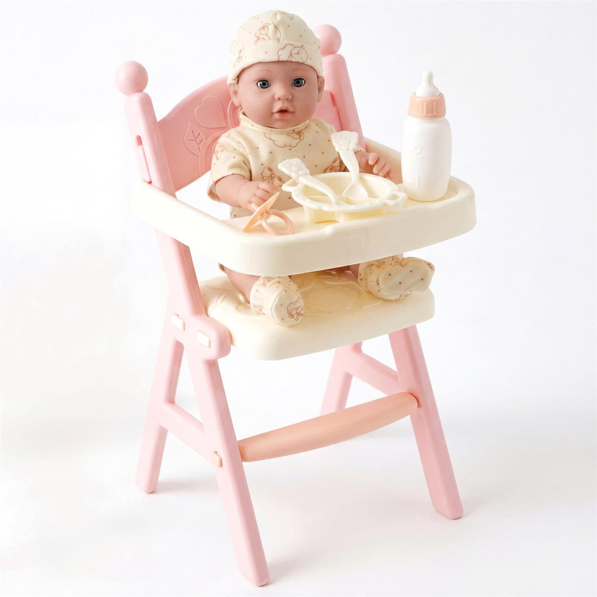 Pink high chair set containing a doll, bottle, and baby feeding accessories.