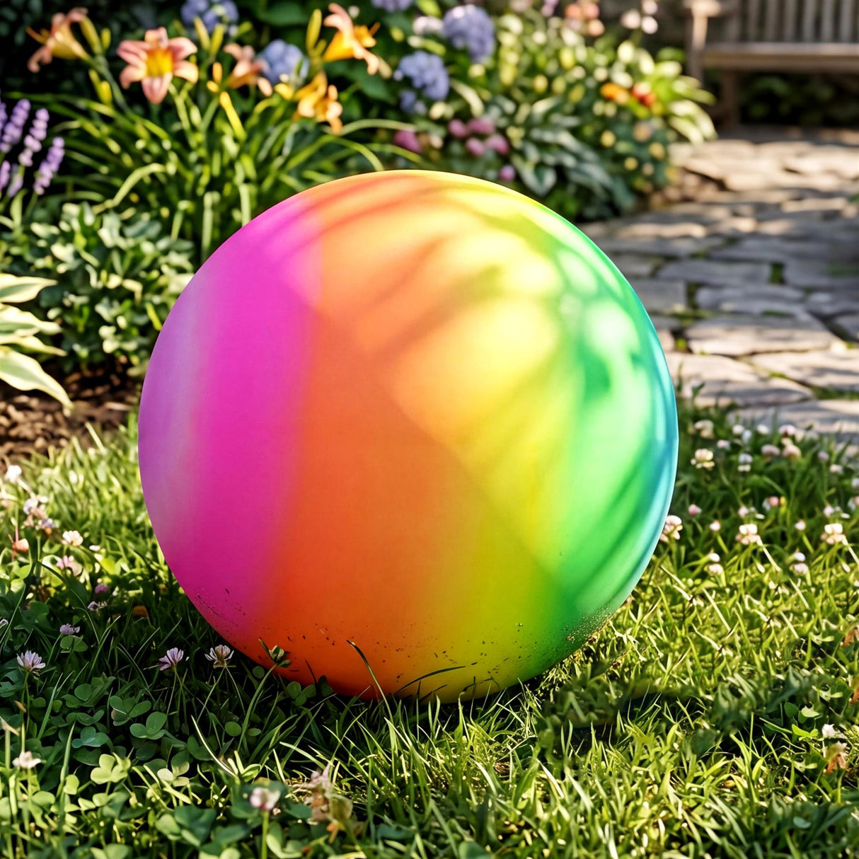 Rainbow spectrum gradient on a large sphere placed outdoors on green lawn and grass.