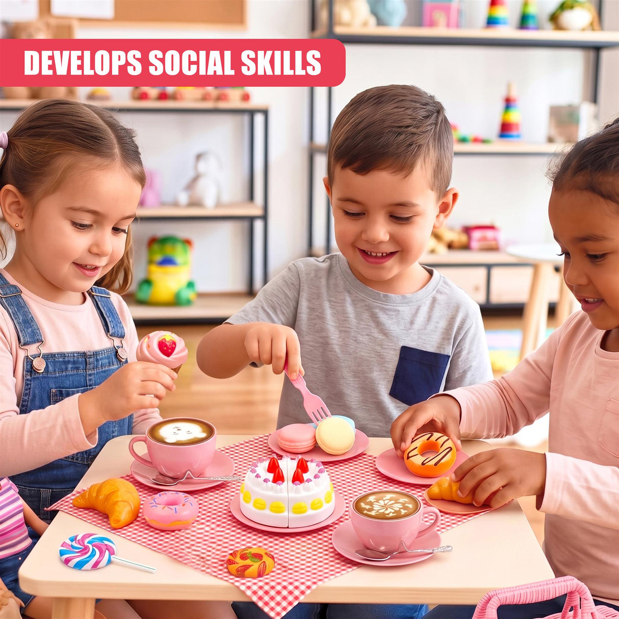 Three children play a tea party with miniature cups, plates, and pretend sweets on a table.