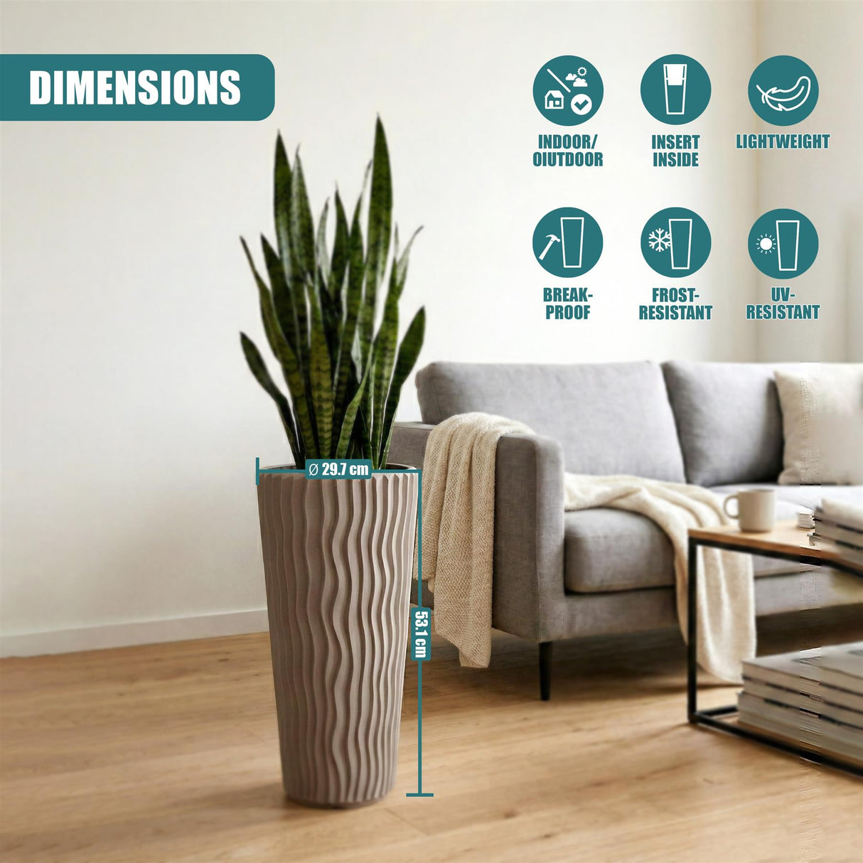 Textured, mocha-brown flower pot displayed with a snake plant and dimensional measurements.