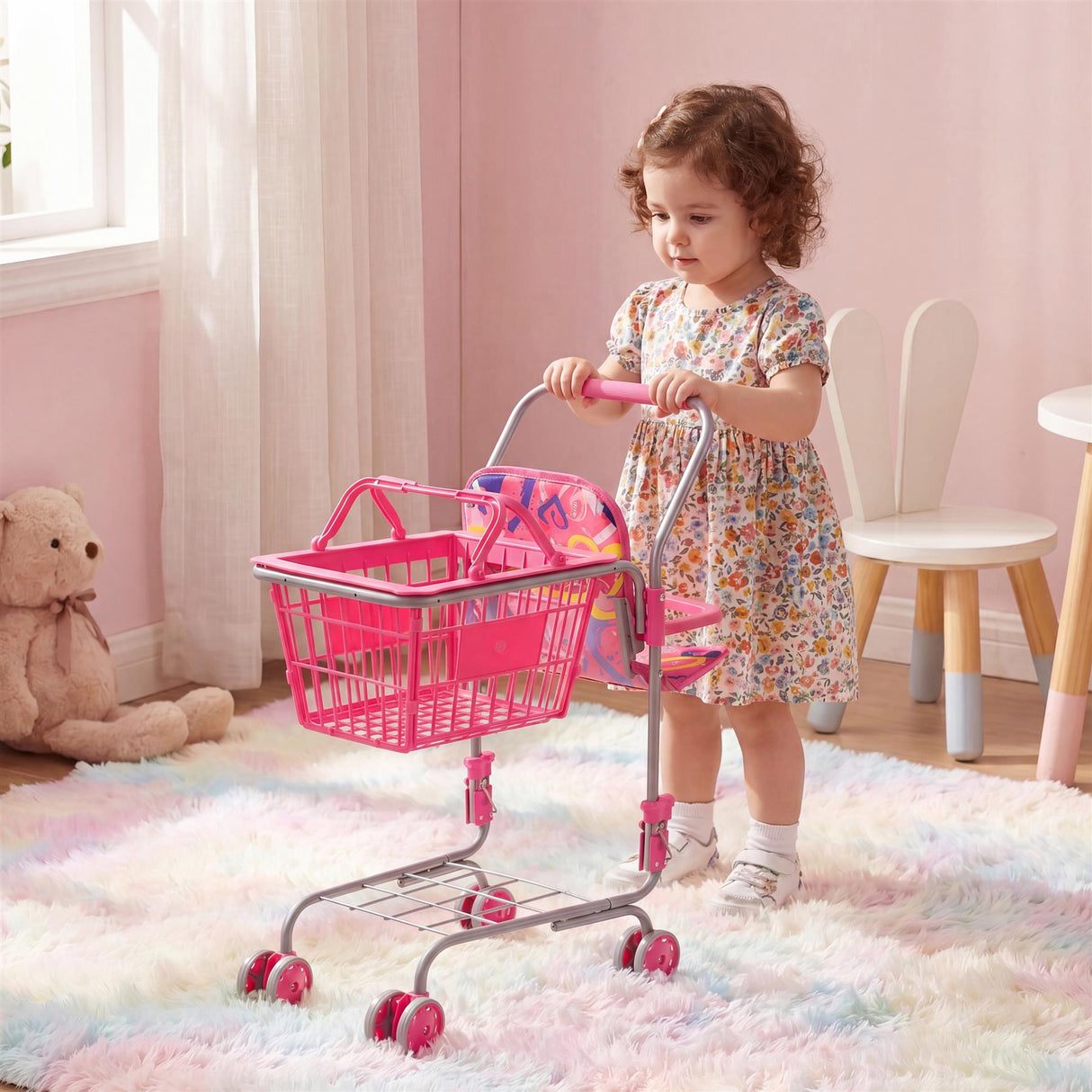 Kids Shopping Trolley with Basket & Doll Seat