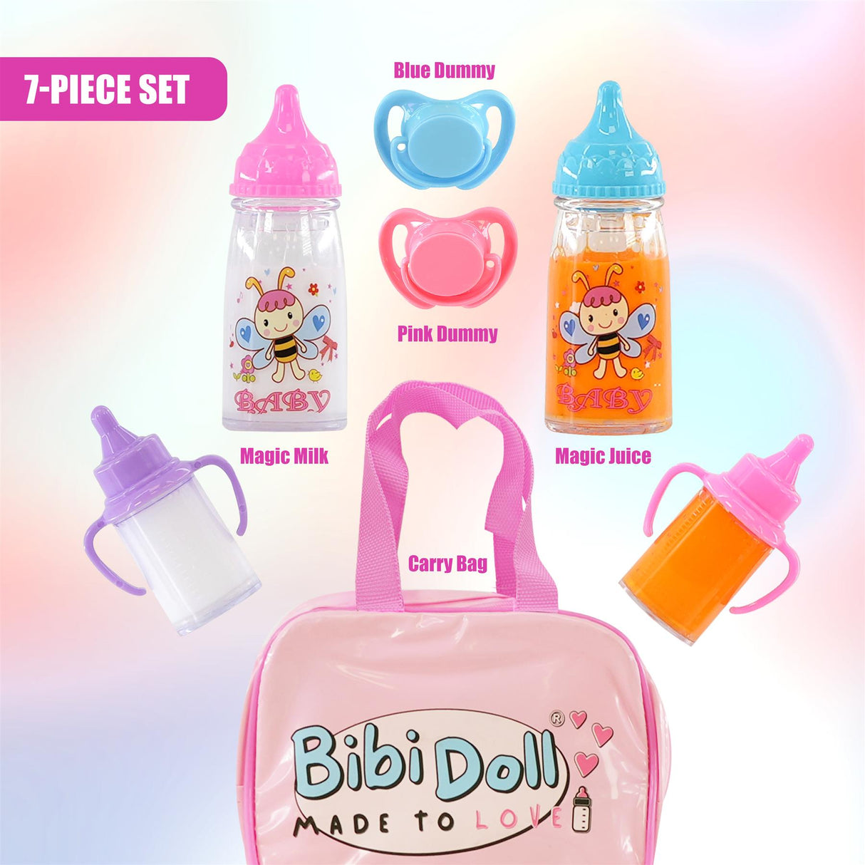 Pink carrying bag holding baby accessories, including juice bottles, pacifiers, and milk bottle.