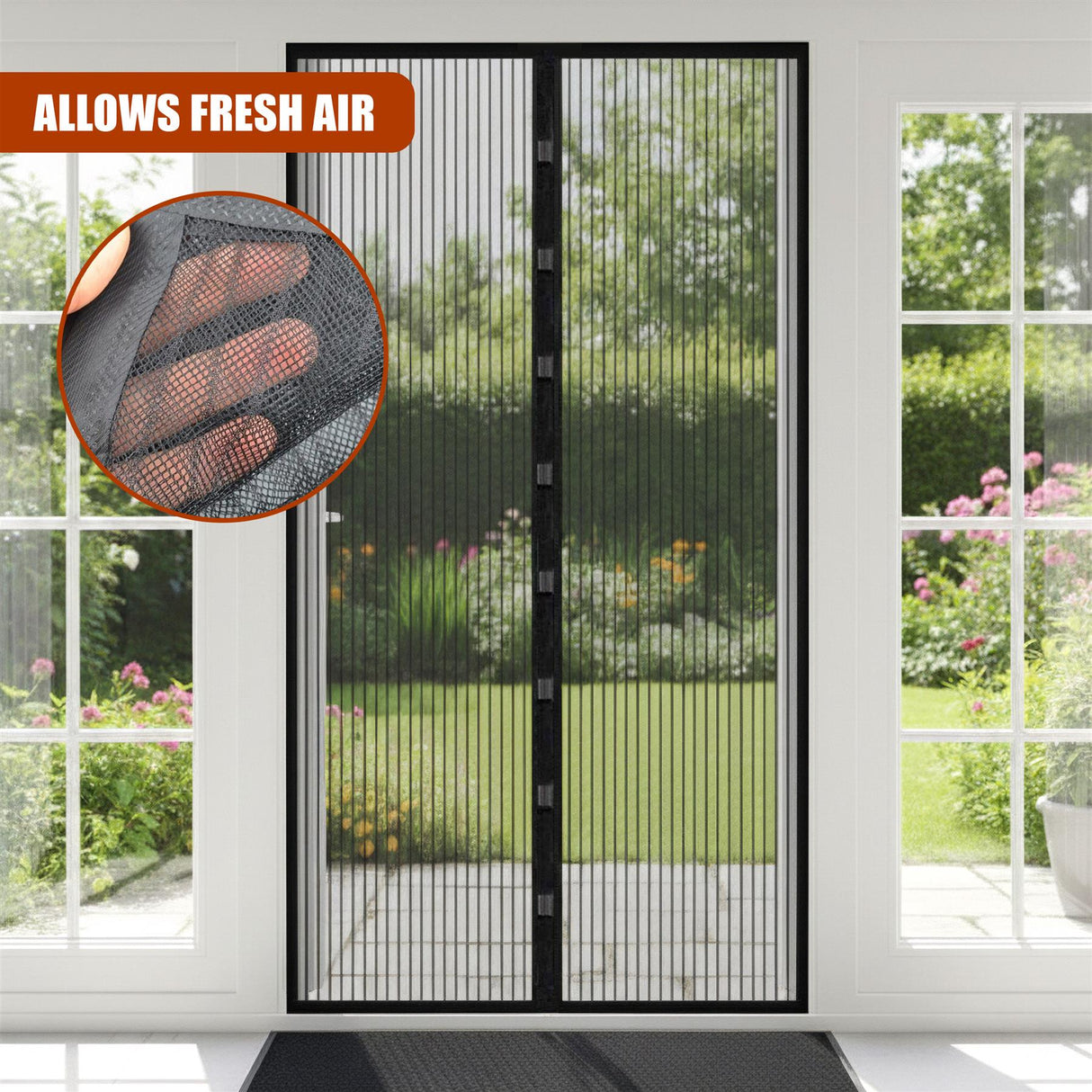 A magnetic screen door with a black frame and vertical slats, allowing for airflow while keeping insects out. The door is open, showing a garden view. A close-up inset shows the mesh fabric's texture and a hand holding it, highlighting its durability and ease of use. - UKBuyZone