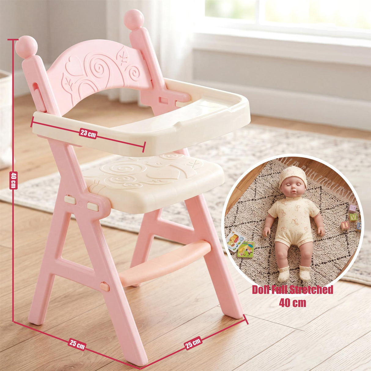 Doll sits beside a pink, cream-colored baby high chair and feeding accessories.