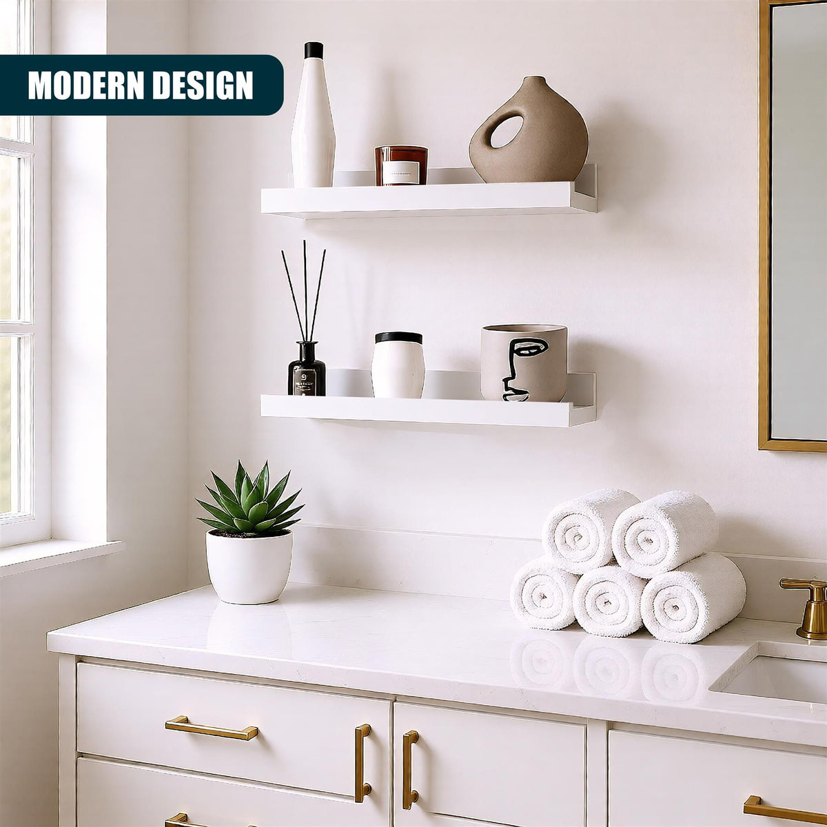 White wall hanging shelf set of two displaying decorative items on a bathroom counter