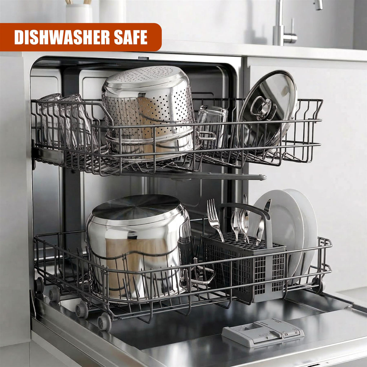 Silver pots, plates, and cutlery resting on stacked, stainless steel dishwasher racks.