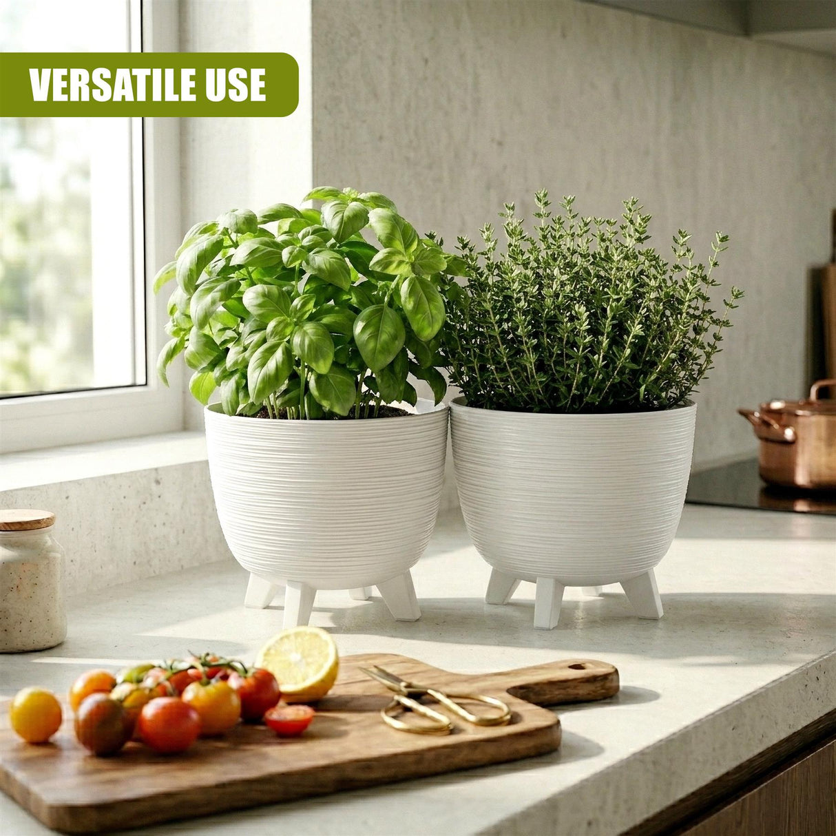 White potted herbs with legs on a counter, featuring a cutting board, tomatoes, and lemon.