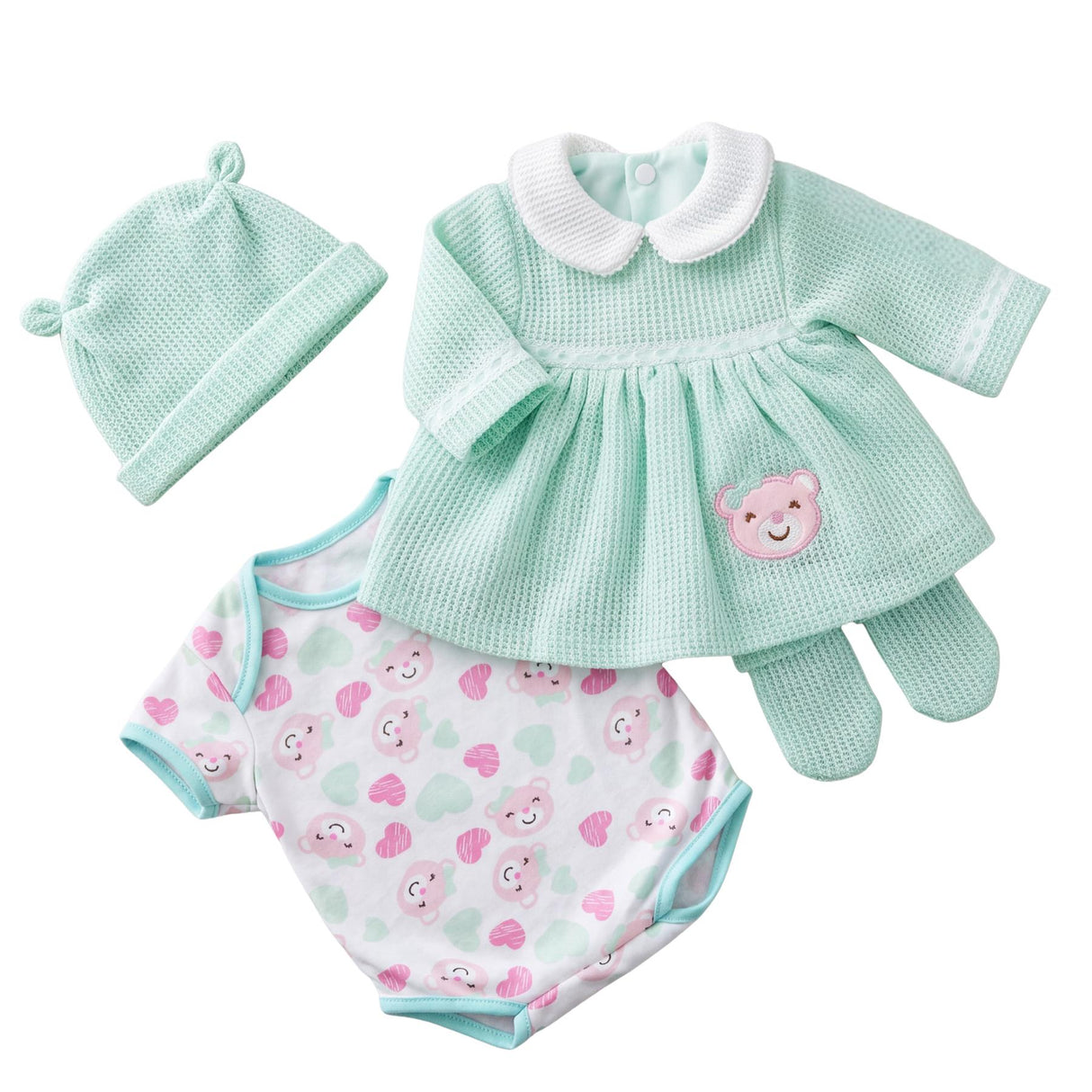 Mint green hat, light green dress with collar, and pink floral patterned onesie for a reborn doll.