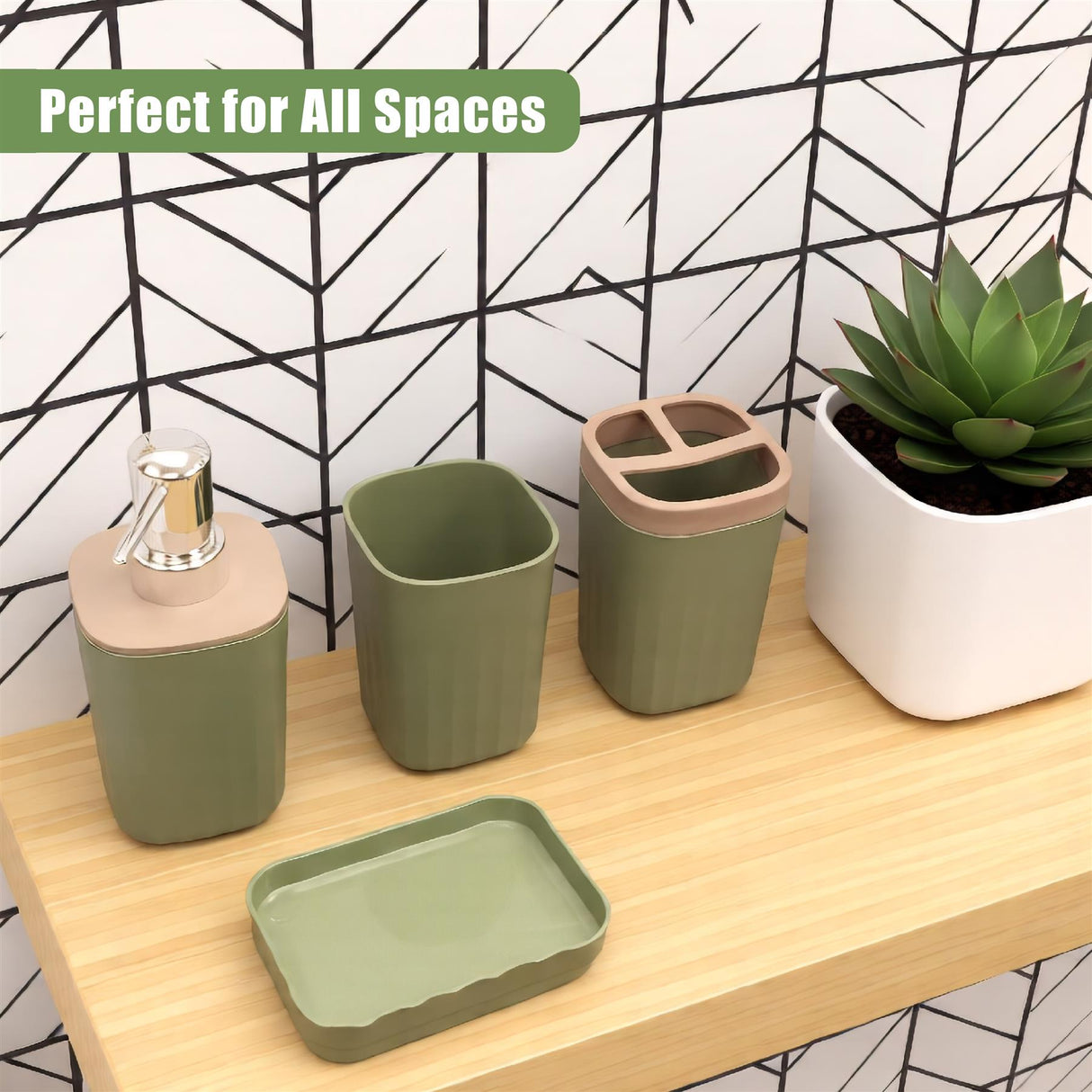 Bathroom accessories set including a soap dispenser, two cups, and a soap dish on a wooden surface.