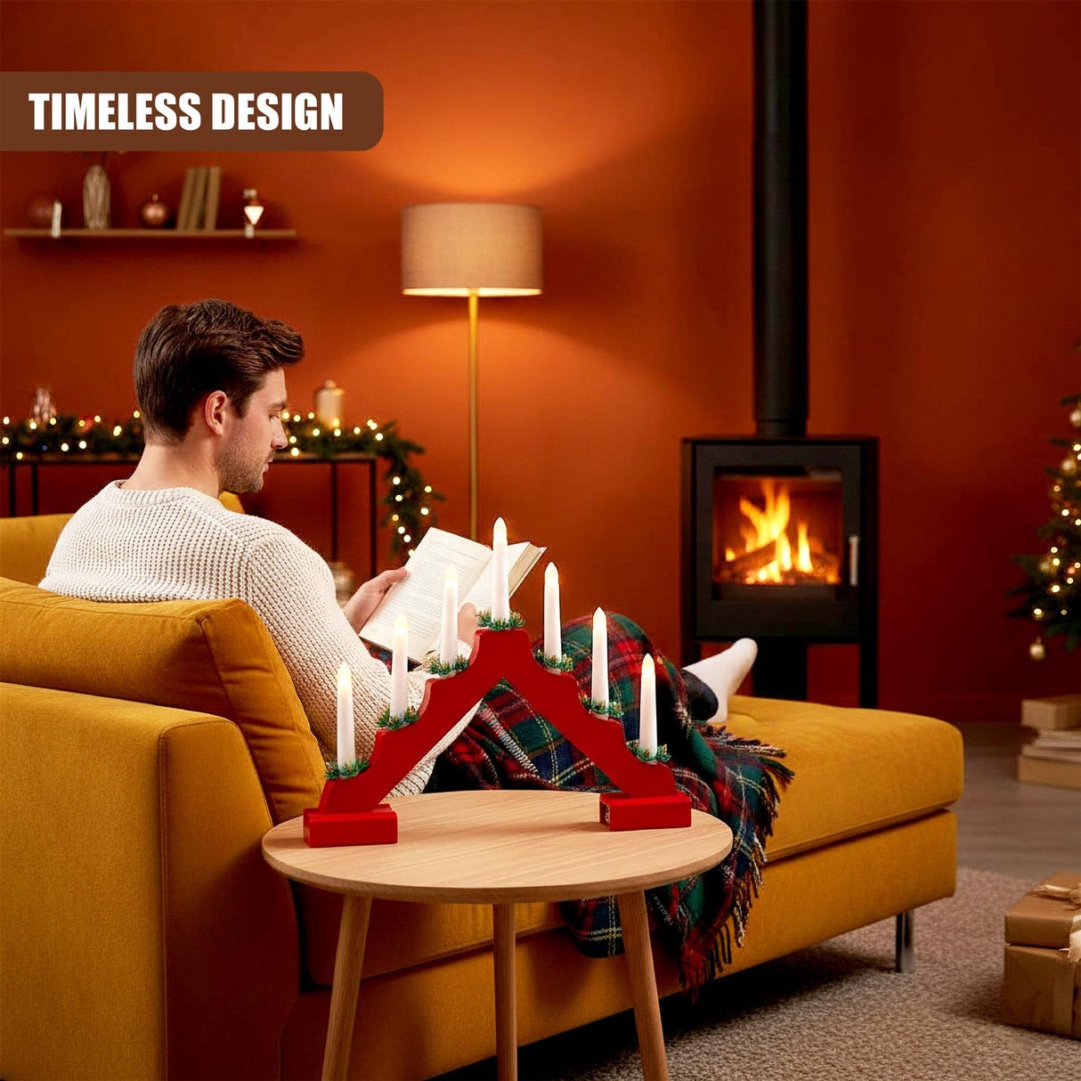 Red Wooden Candle Bridge with 7 LED Lights