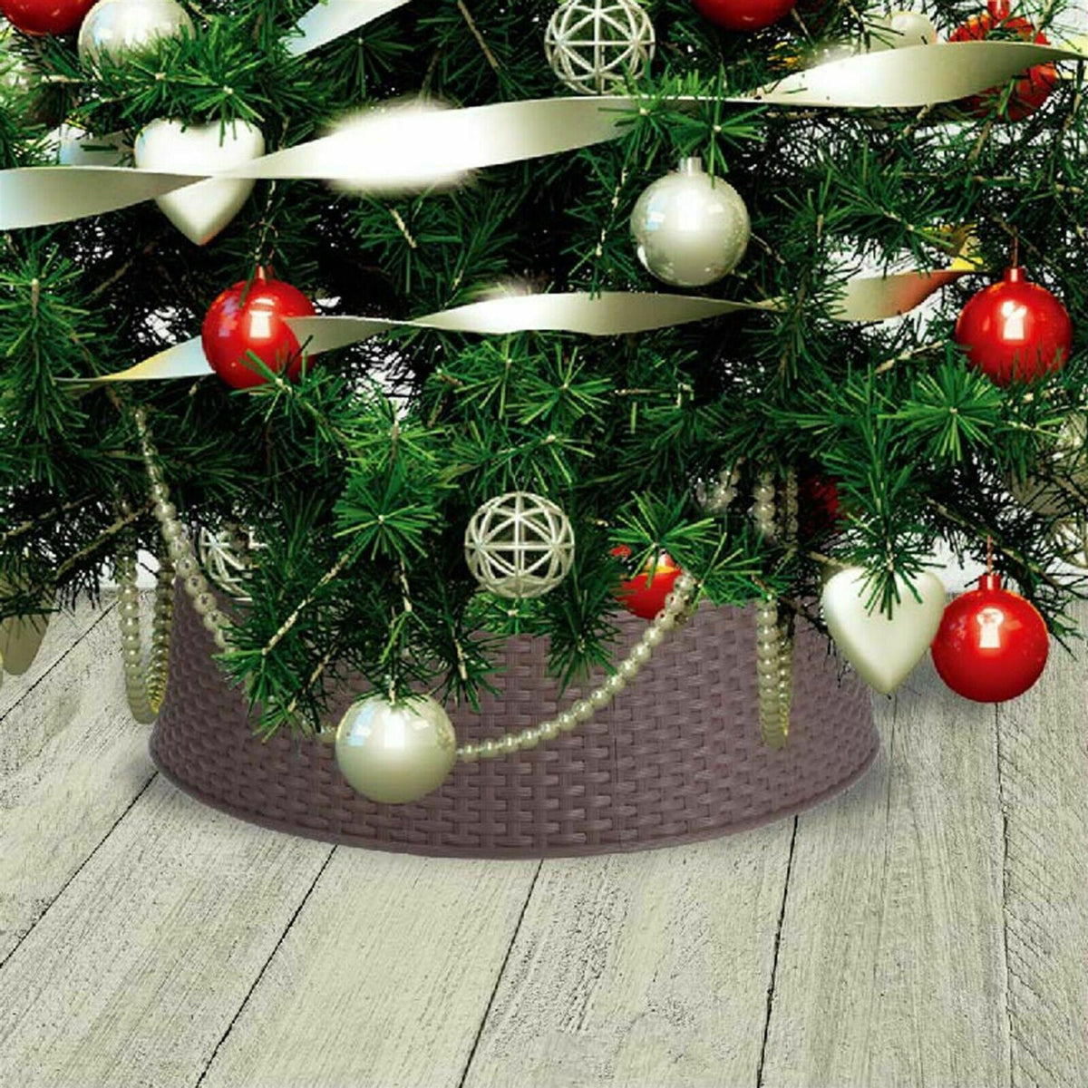 Brown Christmas tree skirt under a decorated tree on wooden floor