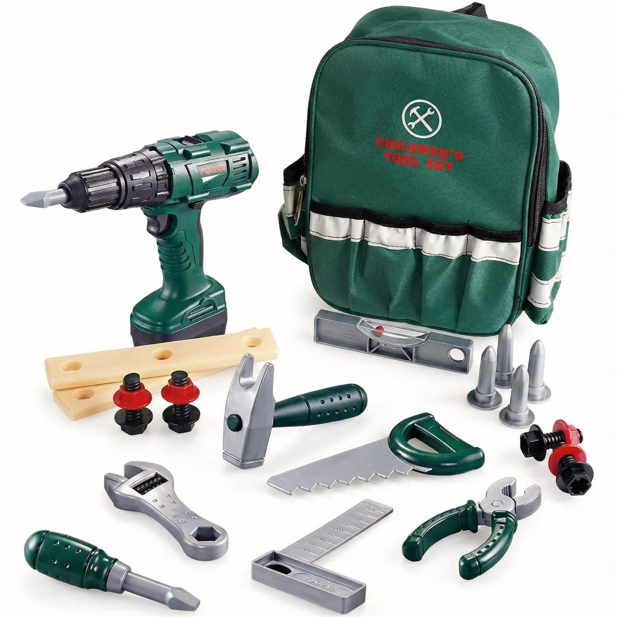 A set of toy tools, including a drill, hammer, saw, and others, with a green and grey color scheme, and a green backpack with a white and black stripe. - UKBuyZone