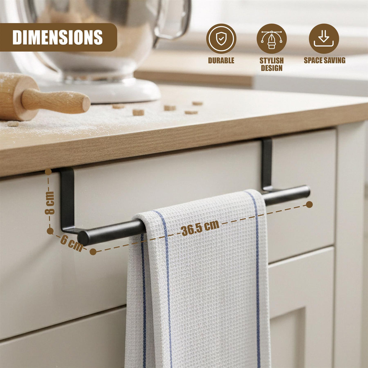 Dimensions show a towel rail supporting a striped kitchen towel measuring 36.5 cm beneath a cabinet.