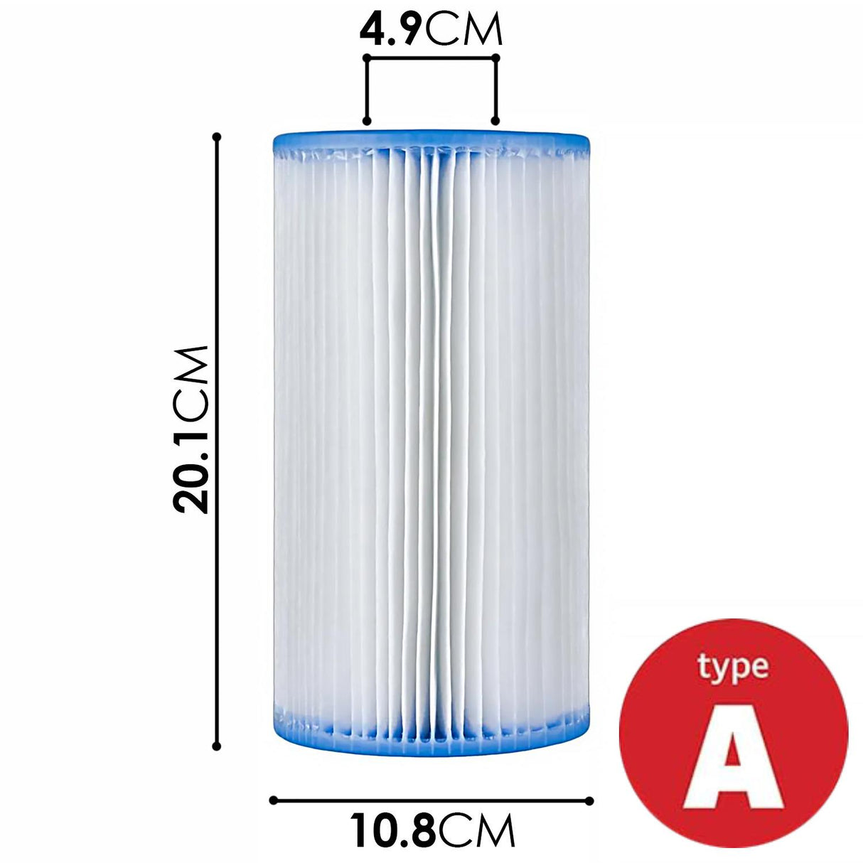Pleated white filter cartridge with blue rings, measuring 20.1 cm high and 4.9 cm in diameter.