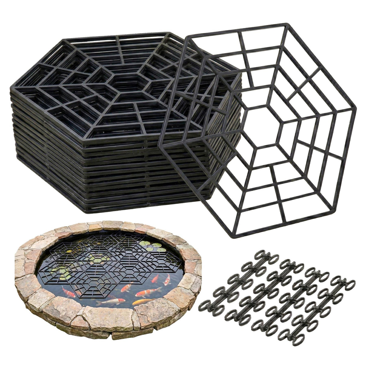 Pond protection system featuring stacked geometric frames, open cage structure, and small square grids.