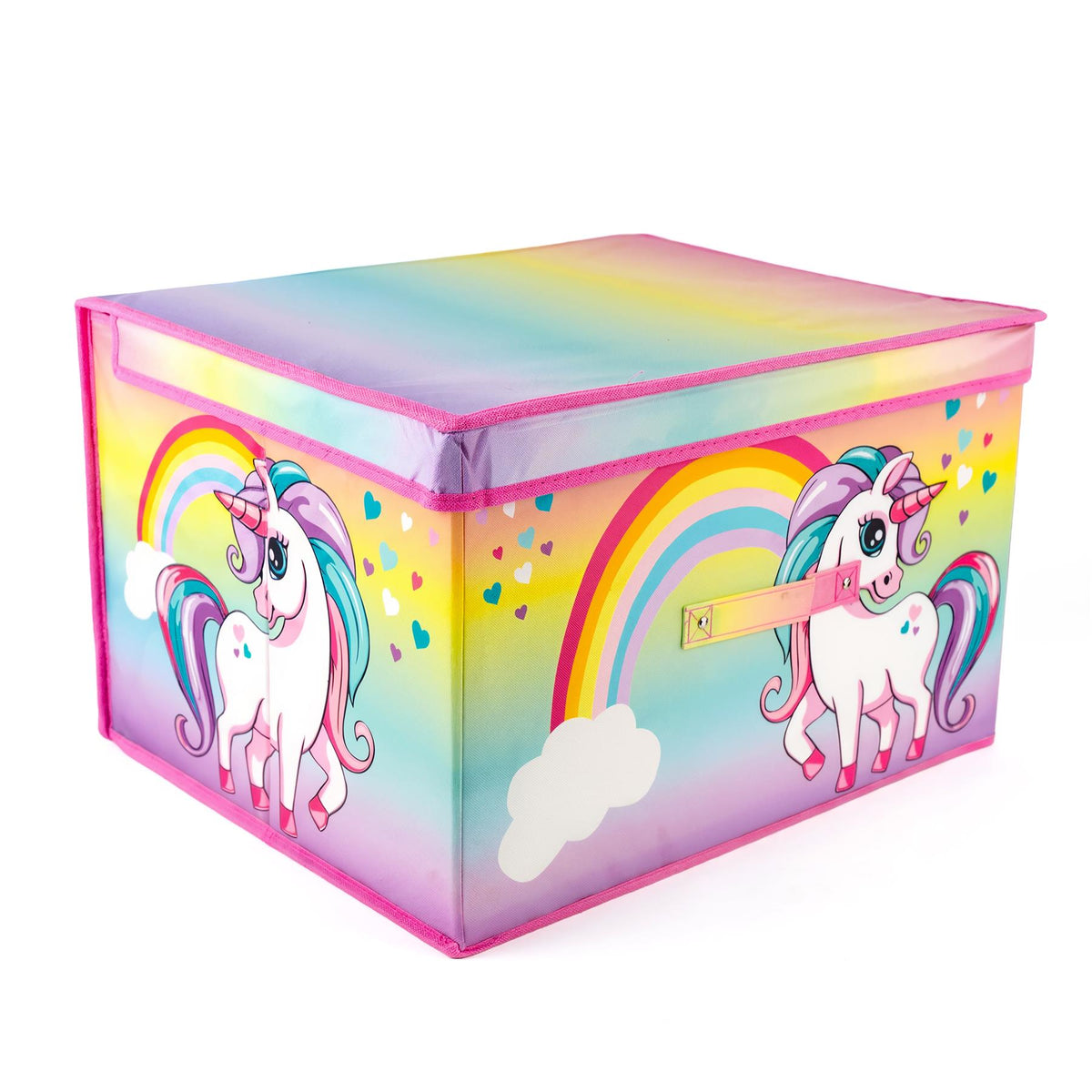 Rainbow Unicorn Storage Box from The Magic Toy Shop, a fabric box with a rainbow and unicorn design on its sides