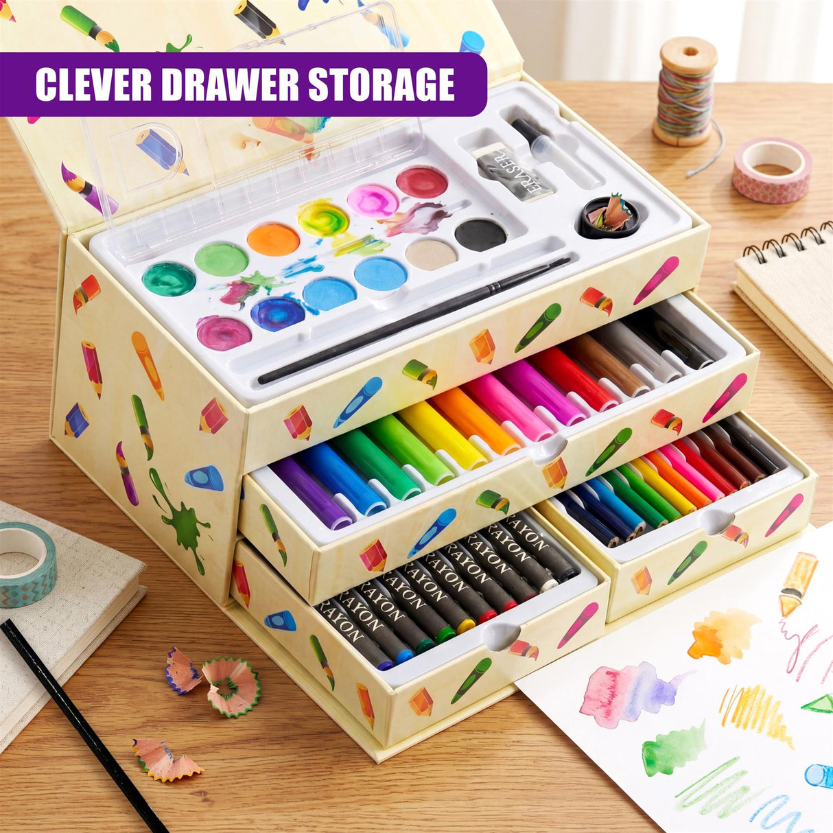 Open tiered storage box filled with colored markers, watercolor palettes, and paintbrushes.