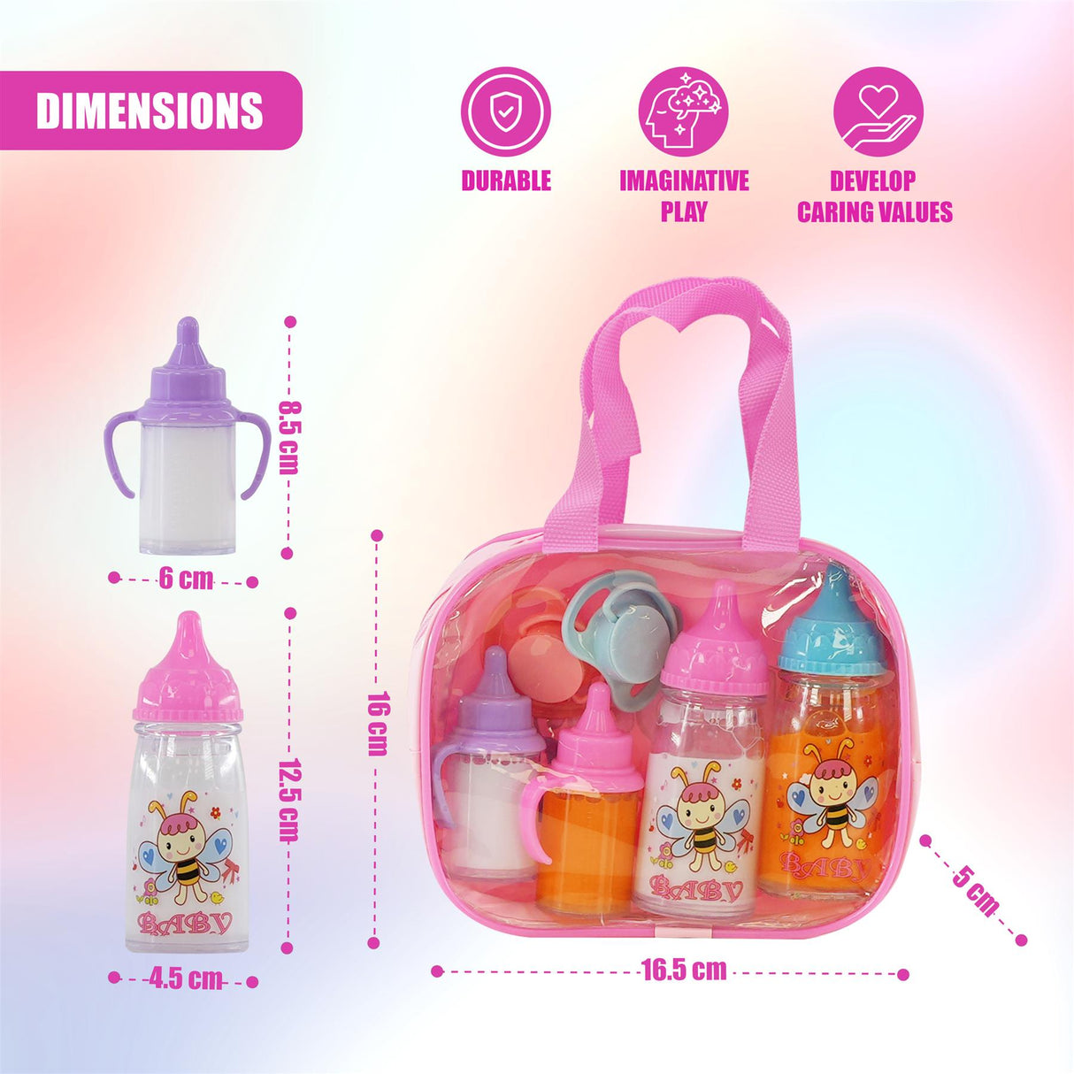 Pink carrying case filled with assorted baby bottles and feeding accessories. Dimensions are displayed.