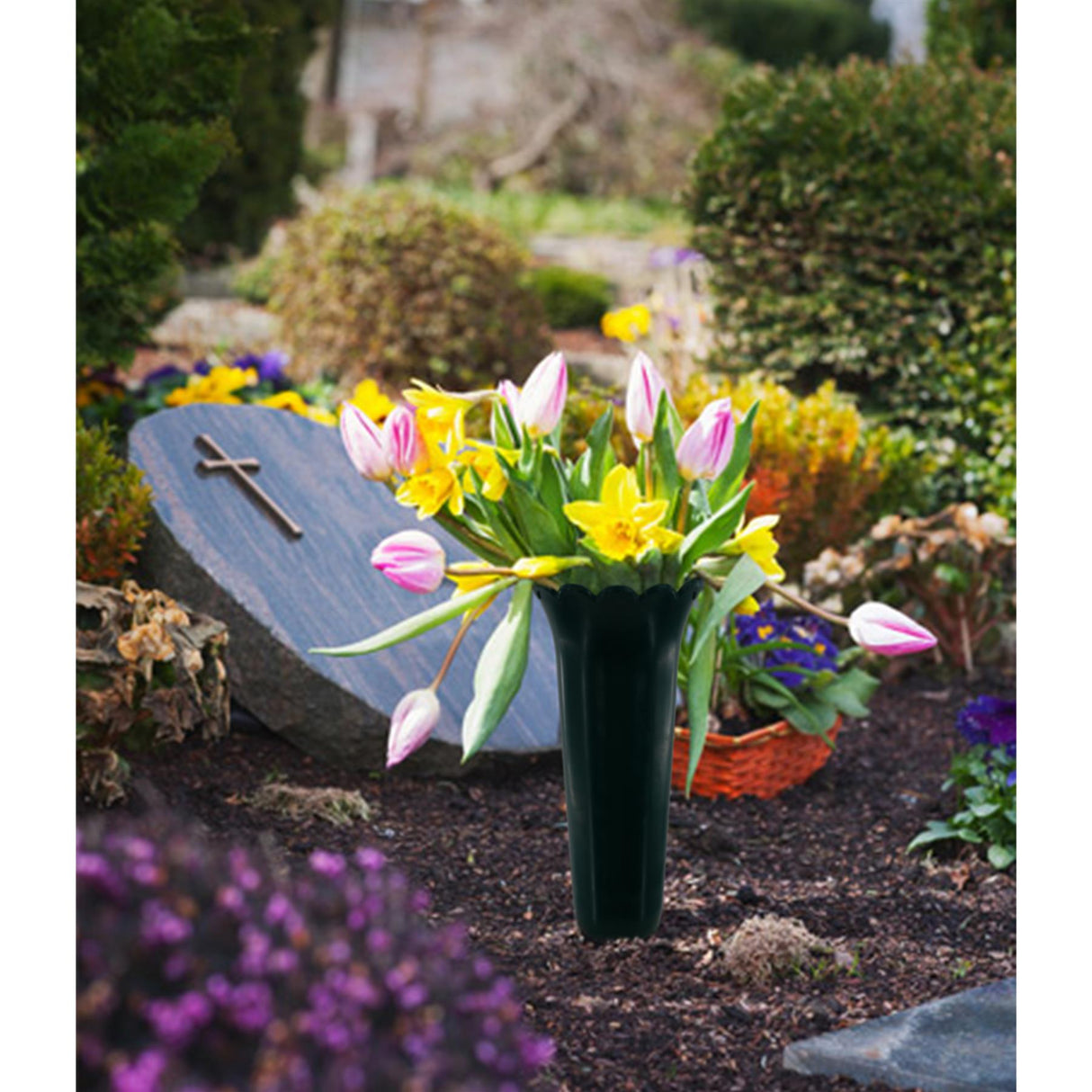 Set of 2 Green Spiked Memorial Grave Flower Vases