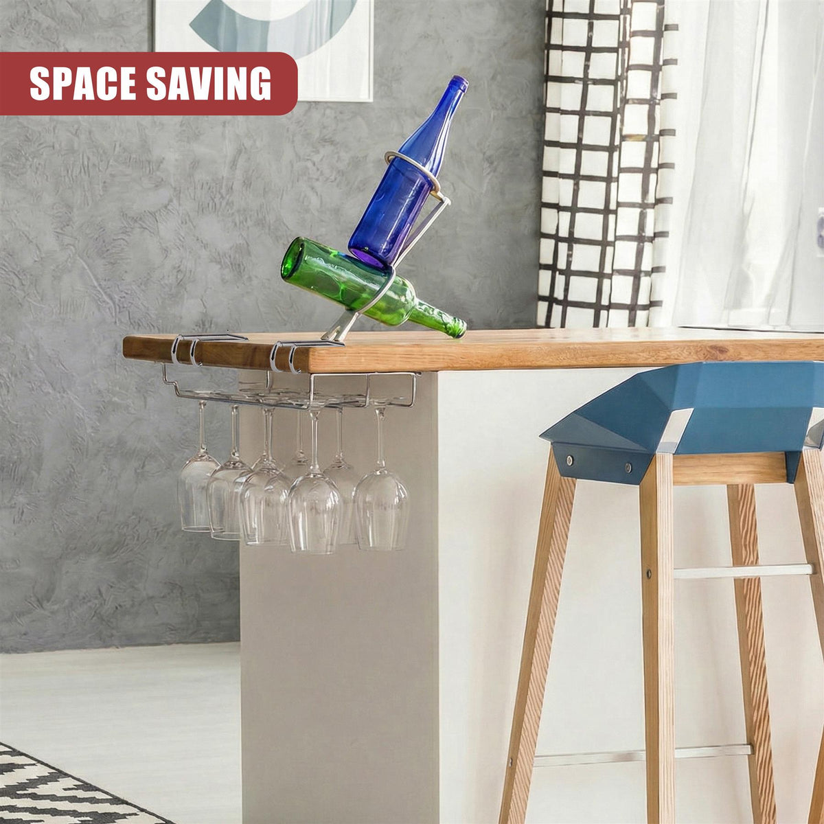 Under Shelf Wine Glass Rack holding wine glasses and bottles on a kitchen counter