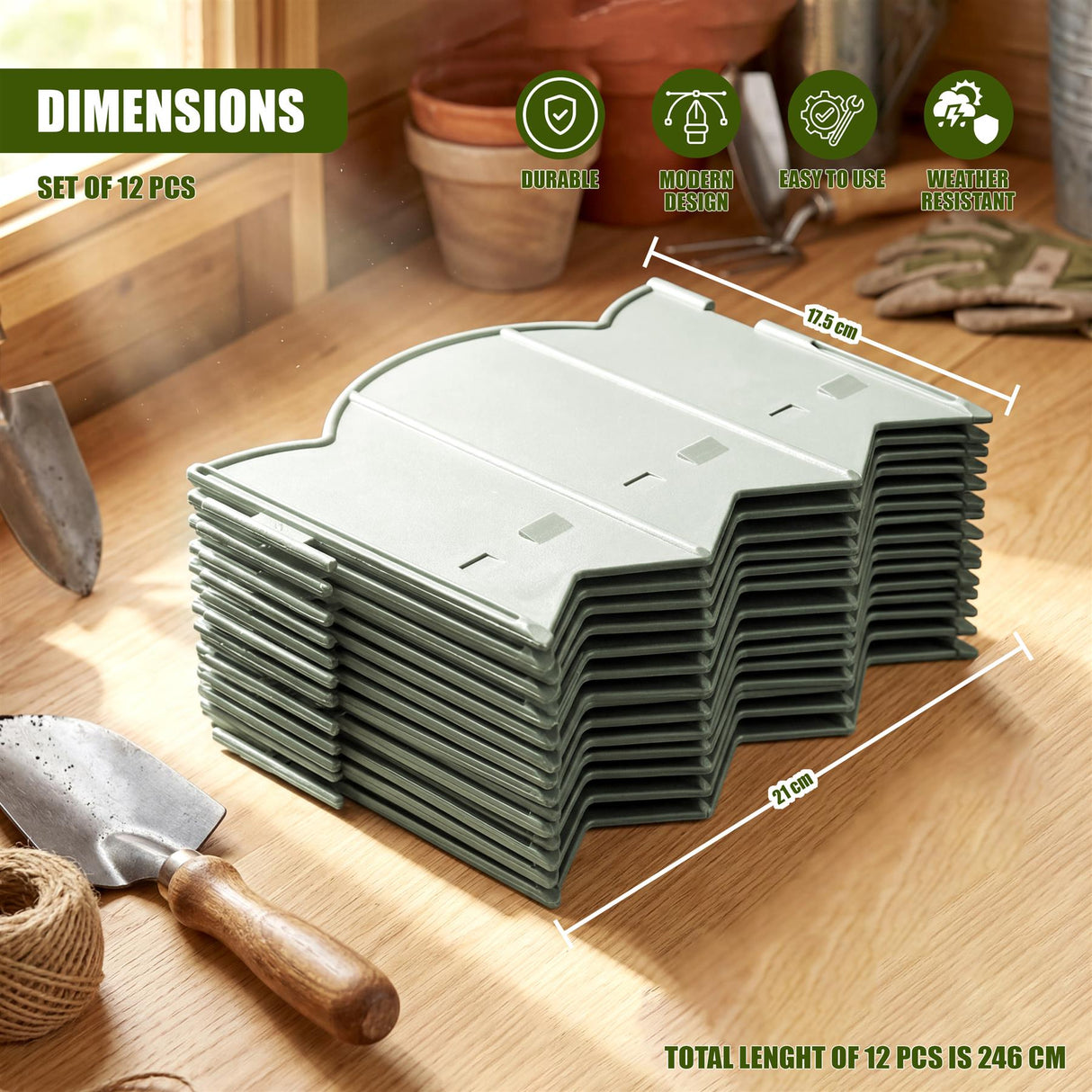 Set of twelve curved garden edging pieces stacked, showing dimensions of 17.5 cm by 21 cm.