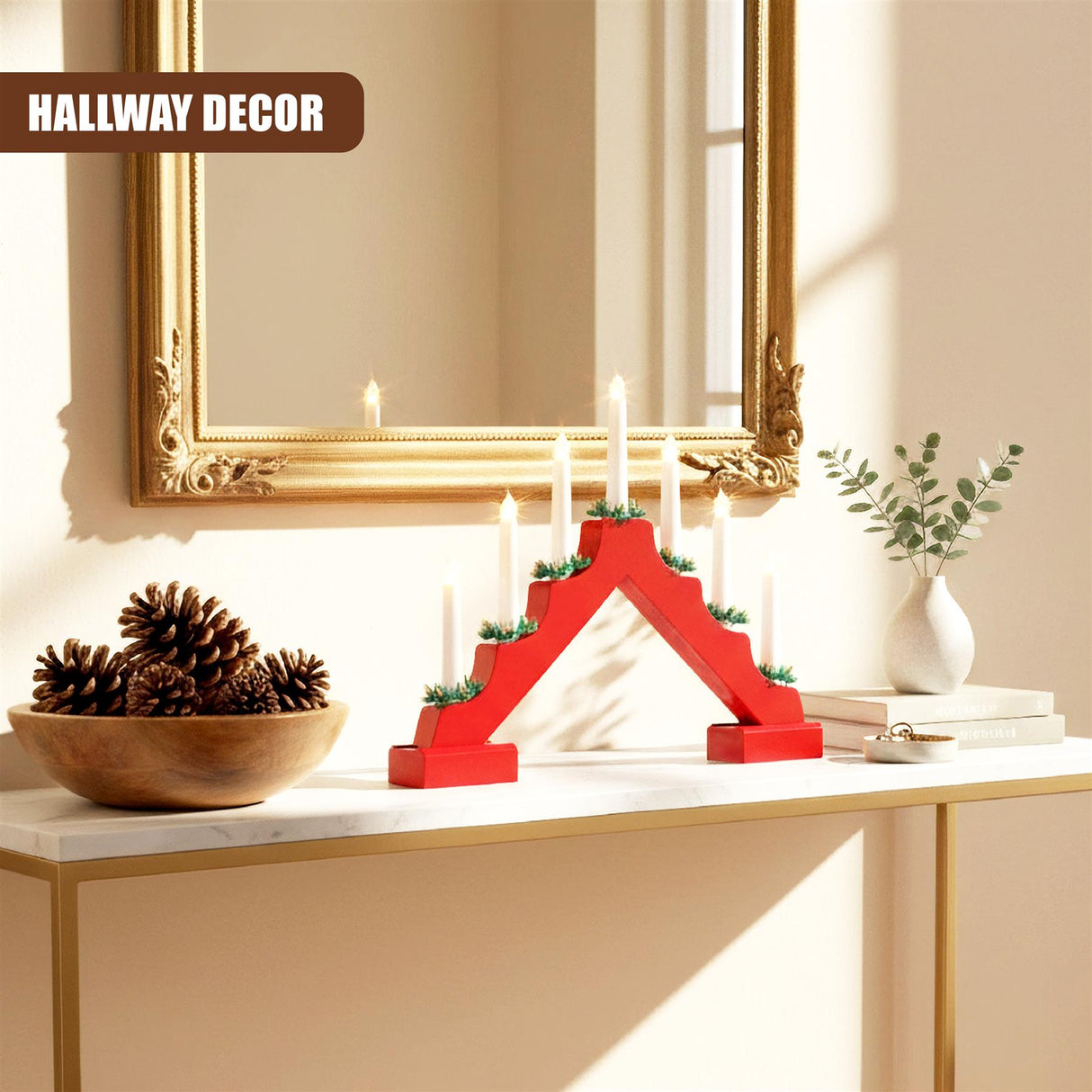 Red Wooden Candle Bridge with 7 LED Lights