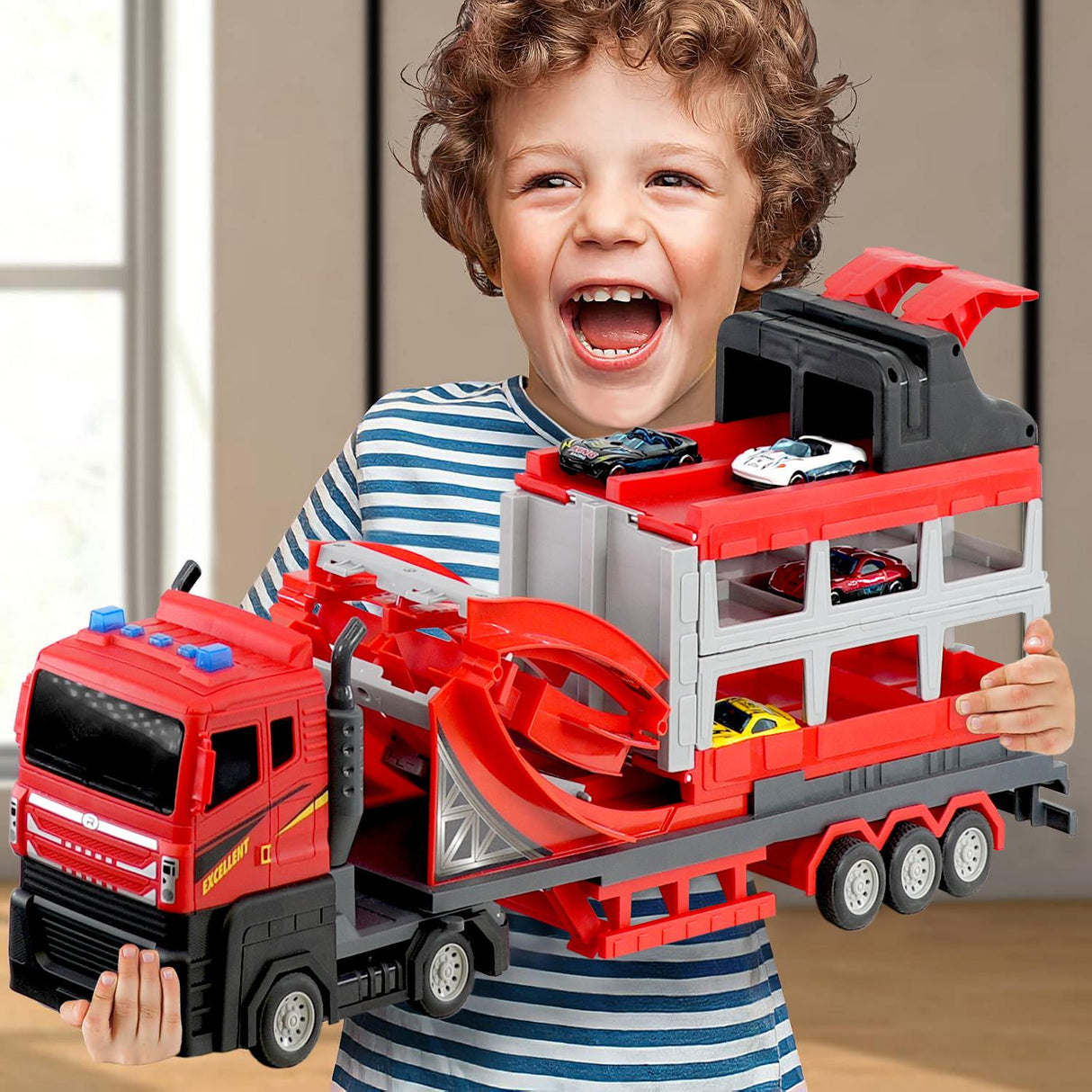 Transport Catapult Truck With Folding Race Track & 4 Cars by The Magic Toy Shop - UKBuyZone
