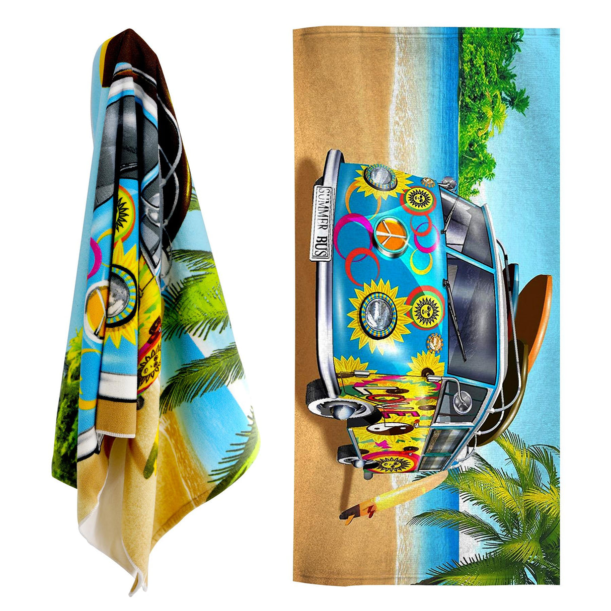 Blue Summer Bus Design Large Towel by Geezy - UKBuyZone