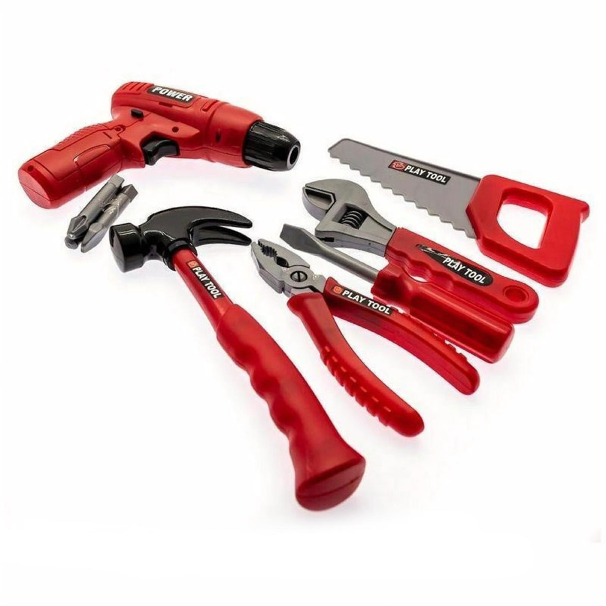 A set of red and silver children's tools, including a hammer, screwdriver, pliers, and a toy drill, laid out on a white background. - UKBuyZone
