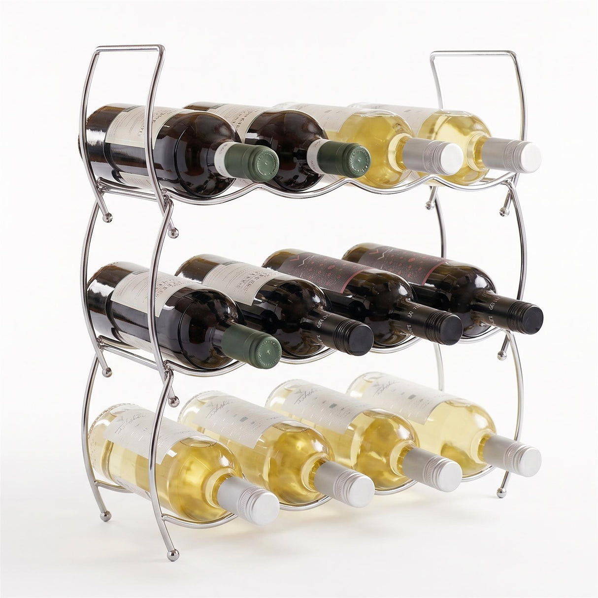 Three-tiered wire wine storage rack displaying various bottles of red and white wine.