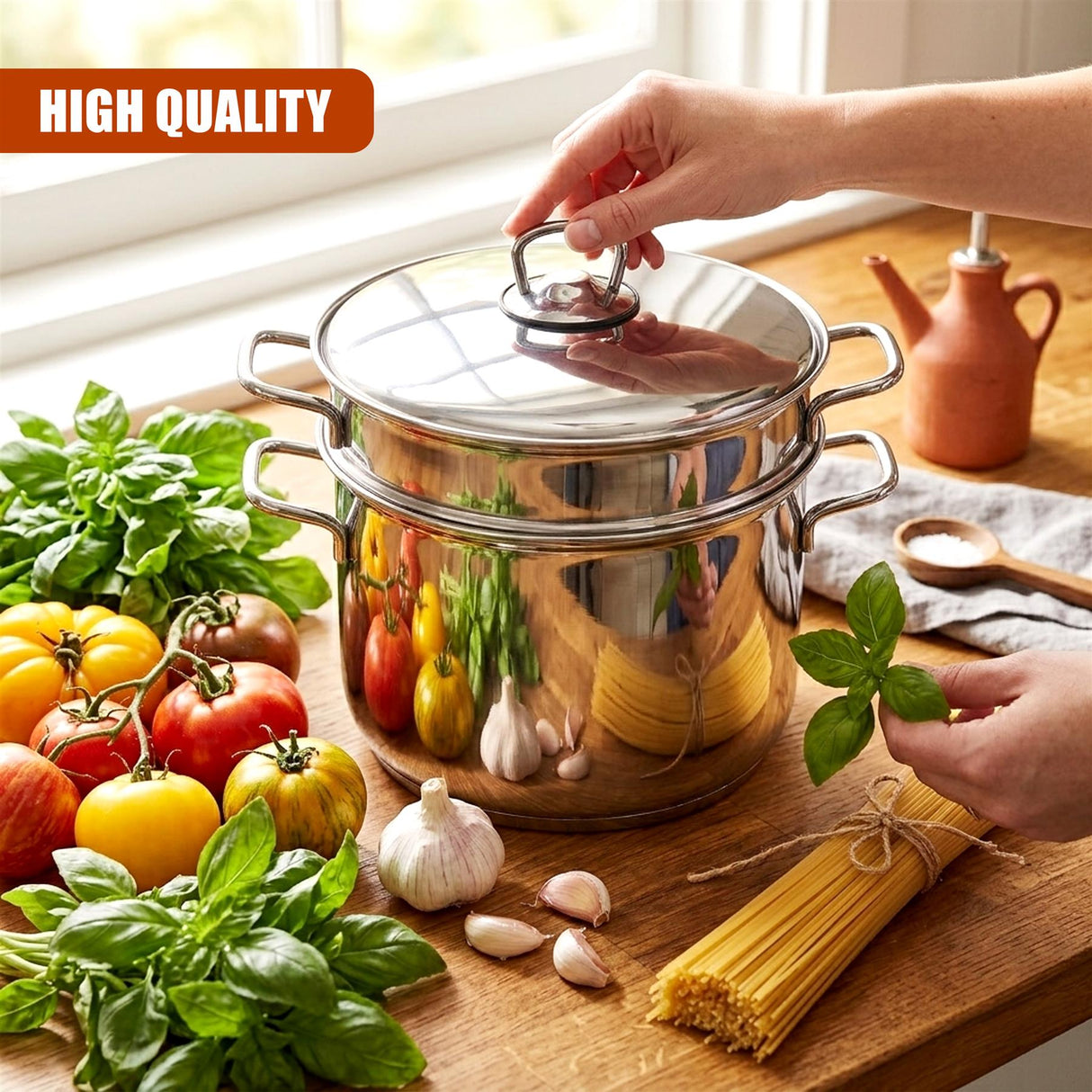 Fresh ingredients surround a stainless steel pot containing pasta, tomatoes, and herbs on wood.