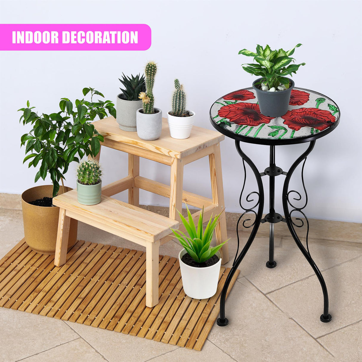 Round Side Mosaic Garden Table With Poppies Design by Geezy - UKBuyZone