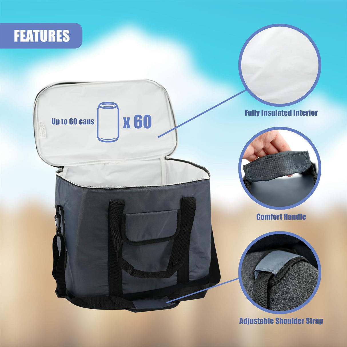 Extra Large 60 Can 30L Insulated Cool Bag Cooler Picnic Drinks Carrier Tote by Geezy - UKBuyZone