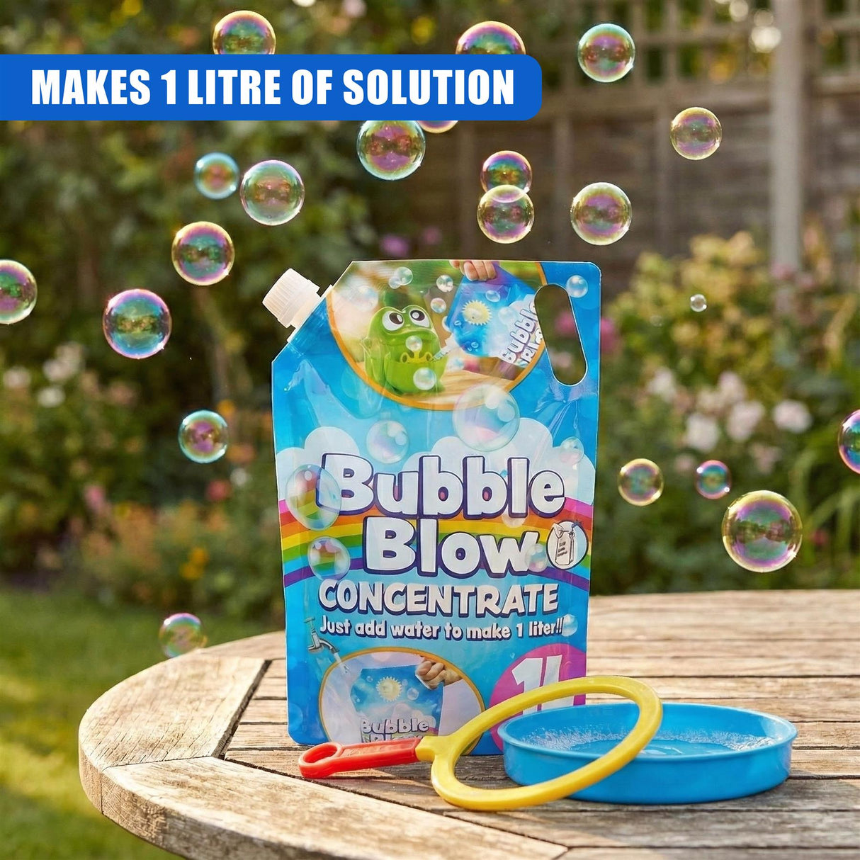 Blue concentrate refill package and bubble solution tray rest on a rustic wooden surface.