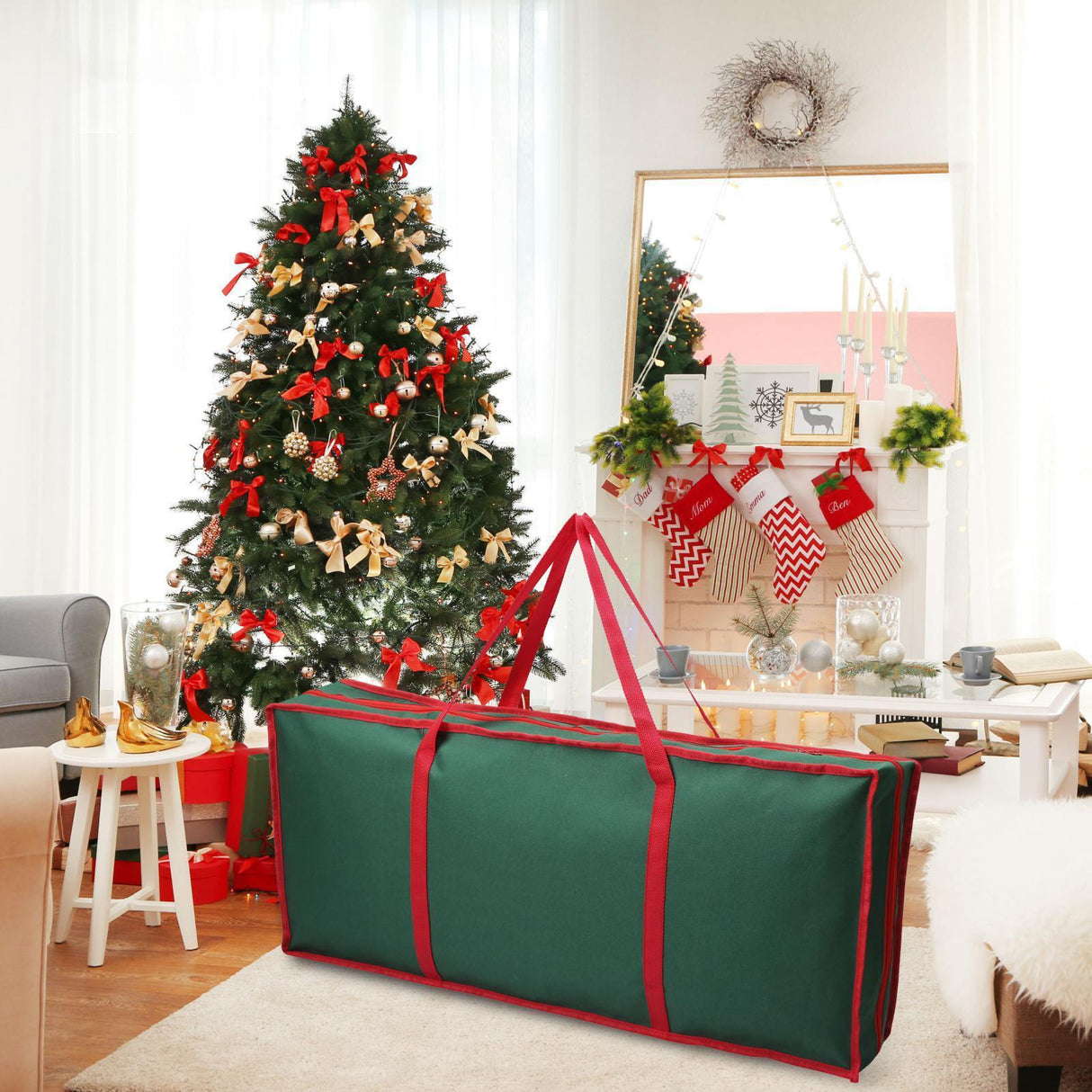 A large, rectangular storage bag with a green and red exterior, featuring a sturdy handle and zip closure. The bag is designed to store and transport Christmas trees, with a capacity of up to 7.5 feet. - UKBuyZone