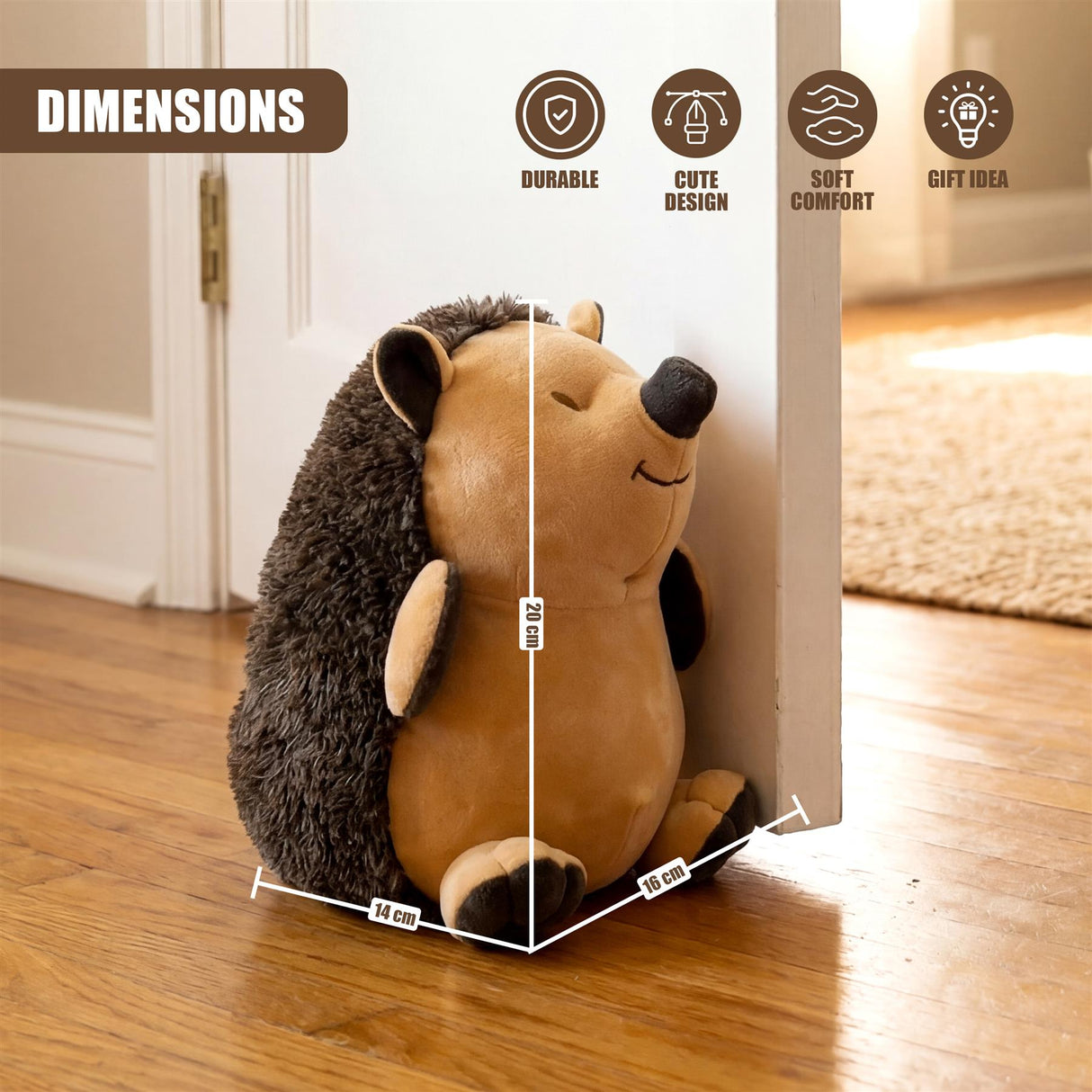 Hedgehog-shaped door stopper resting against a white door frame on a wooden floor. Dimensions are labeled.