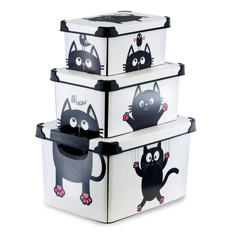Cat Themed Storage Boxes with Lids - Set of 3 by GEEZY - UKBuyZone