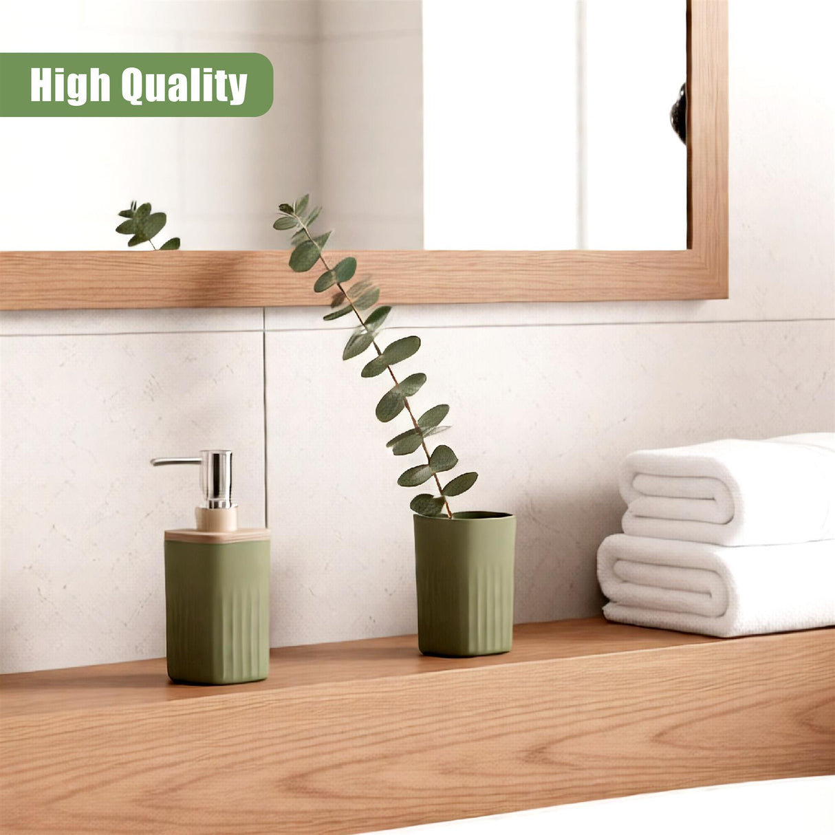 Soap dispenser, potted plant, and stack of white towels are displayed on a light wood bathroom shelf.