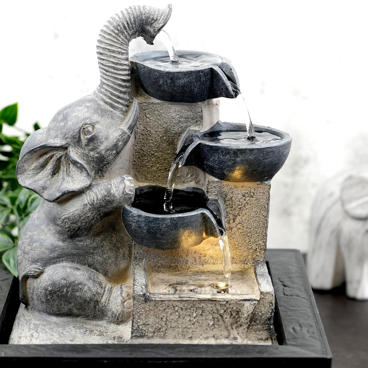 Elephant and Bowls Water Feature Indoor With LED by Geezy - UKBuyZone