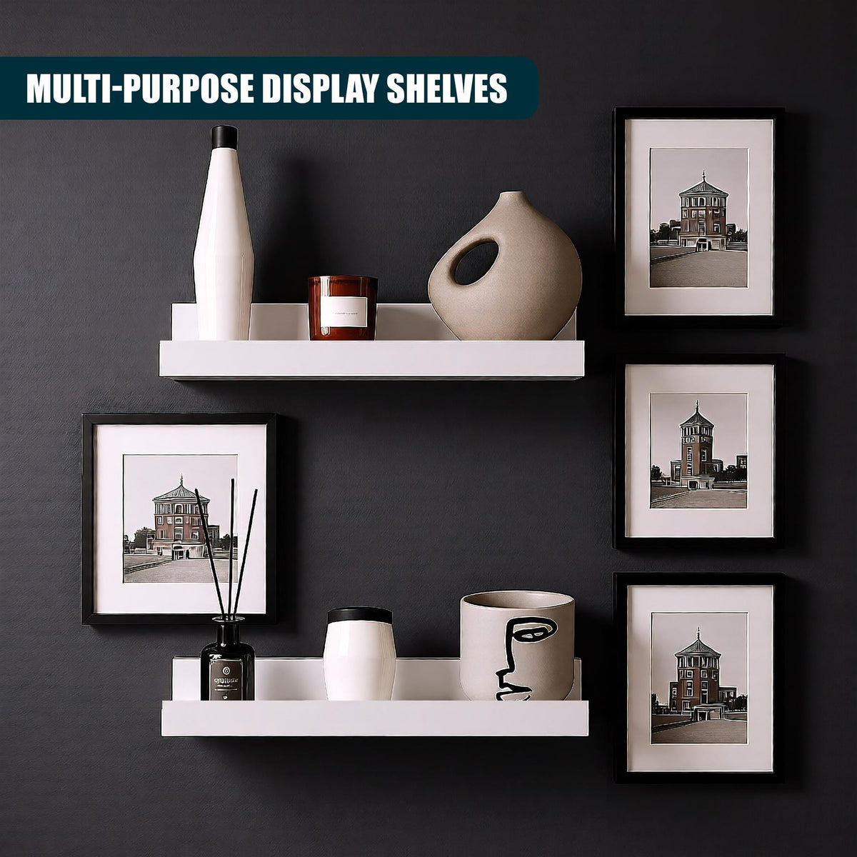 Two white GEEZY floating shelves on a dark wall holding vases and framed pictures