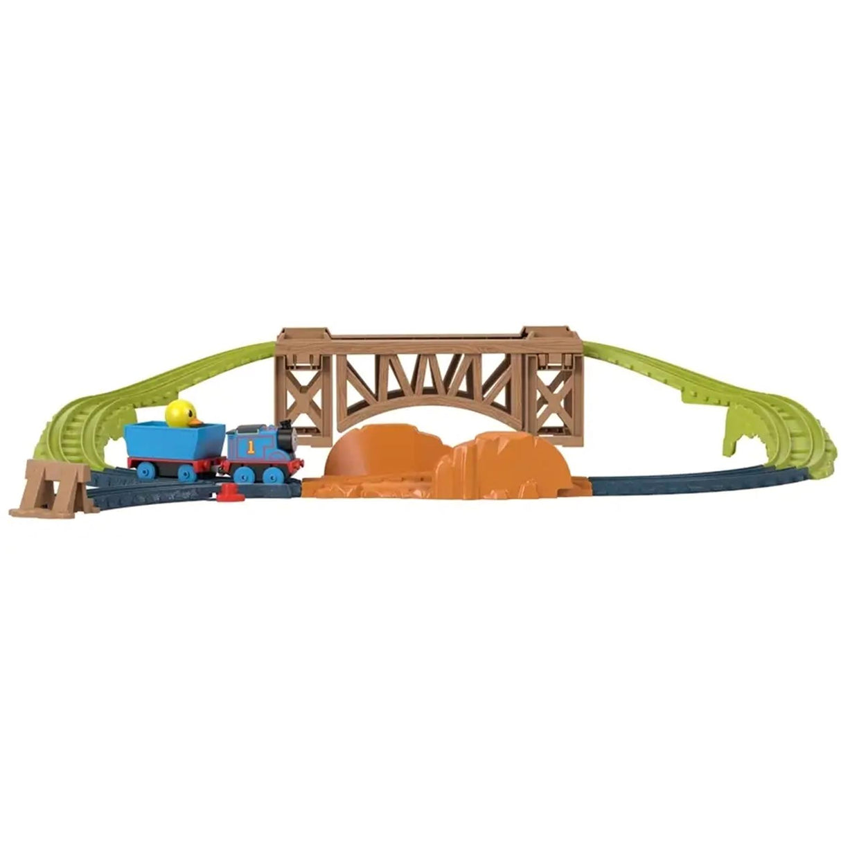 Toy playset features train engine, wagons, a wooden bridge structure, and curved track section.