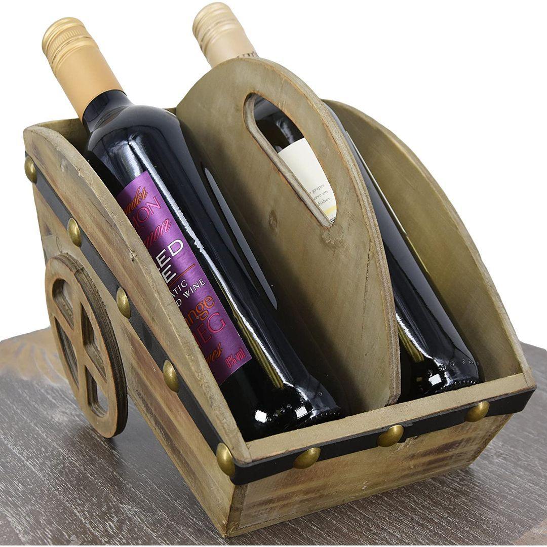 Freestanding Wheelbarrow Shaped Wooden Wine Rack For 2 Bottles by GEEZY - UKBuyZone