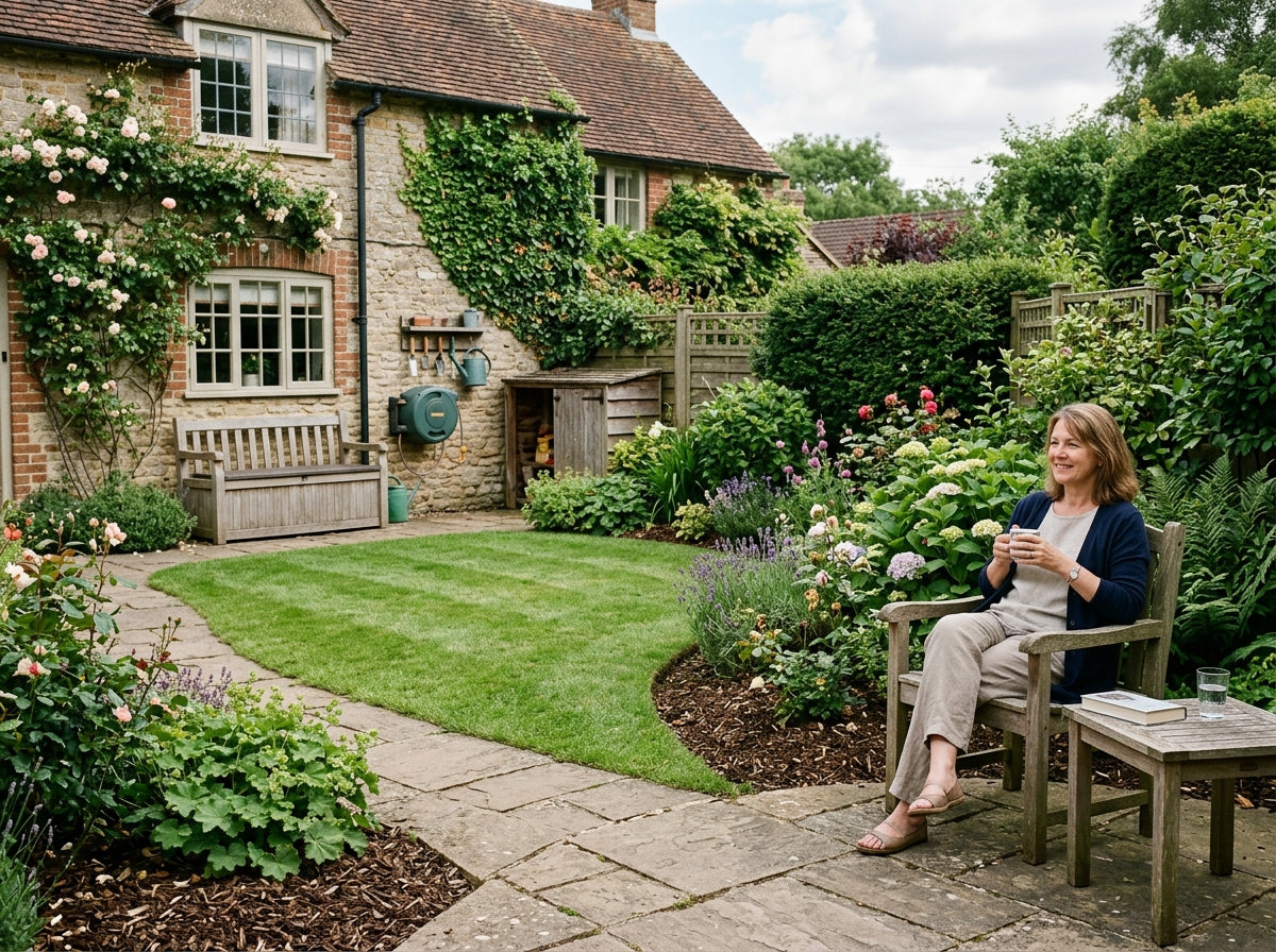 Low maintenance garden with organised tools and plants for easier gardening