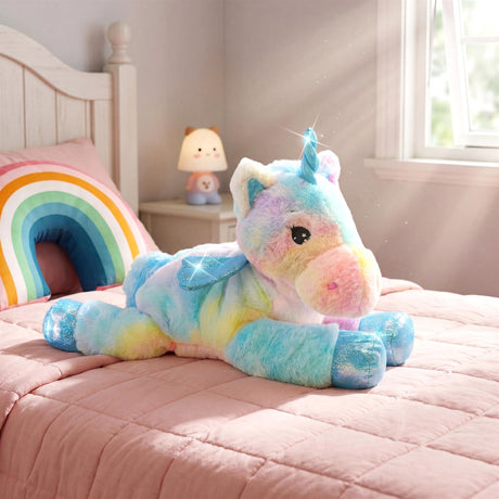 Blue and pastel unicorn plush toy resting on a pink quilted bedspread.