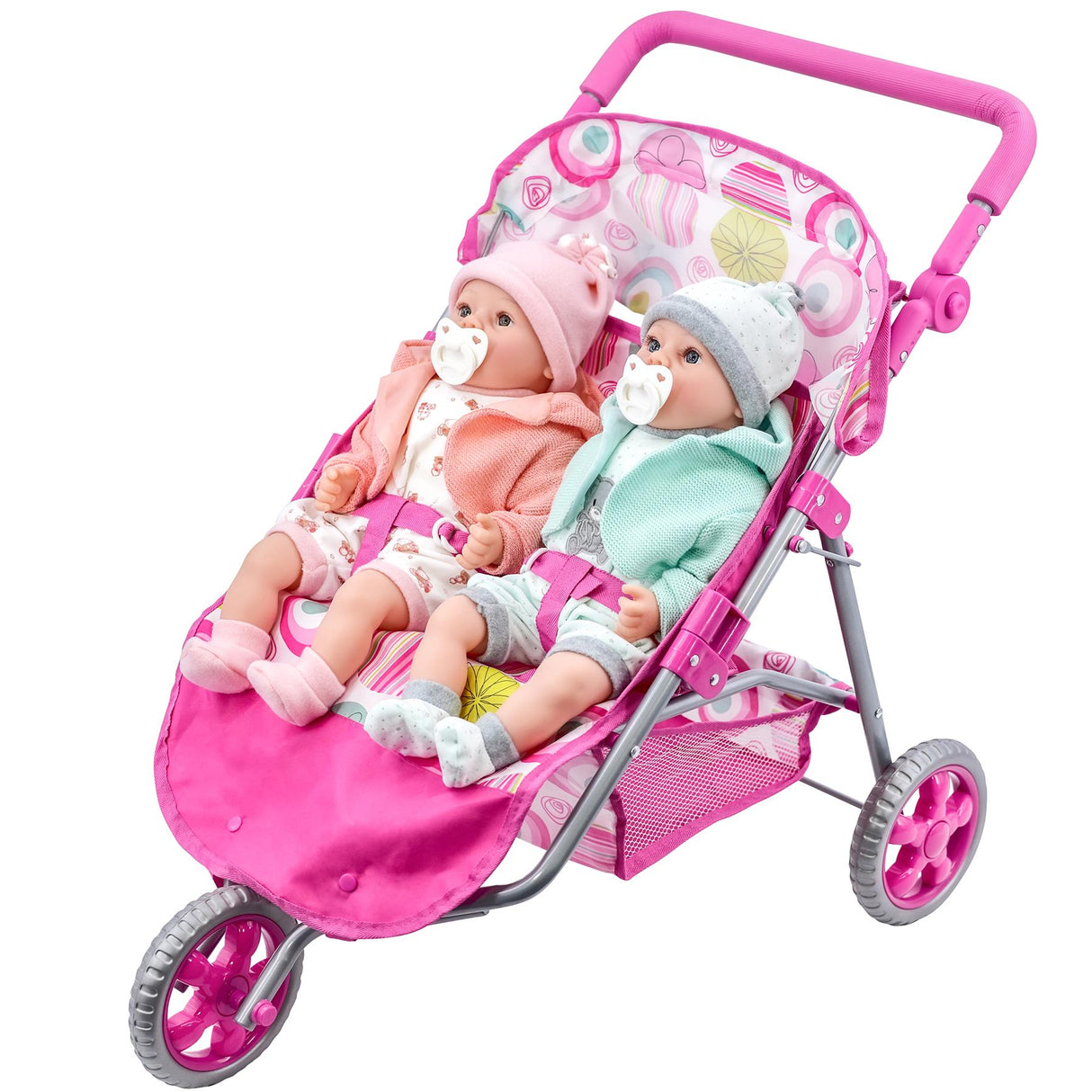 Pink twin doll pushchair featuring a canopy and holding two dolls in various outfits.