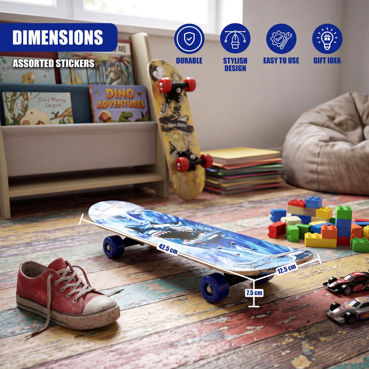 Toy skateboard with blue and white patterns and wheels resting on a wooden floor.