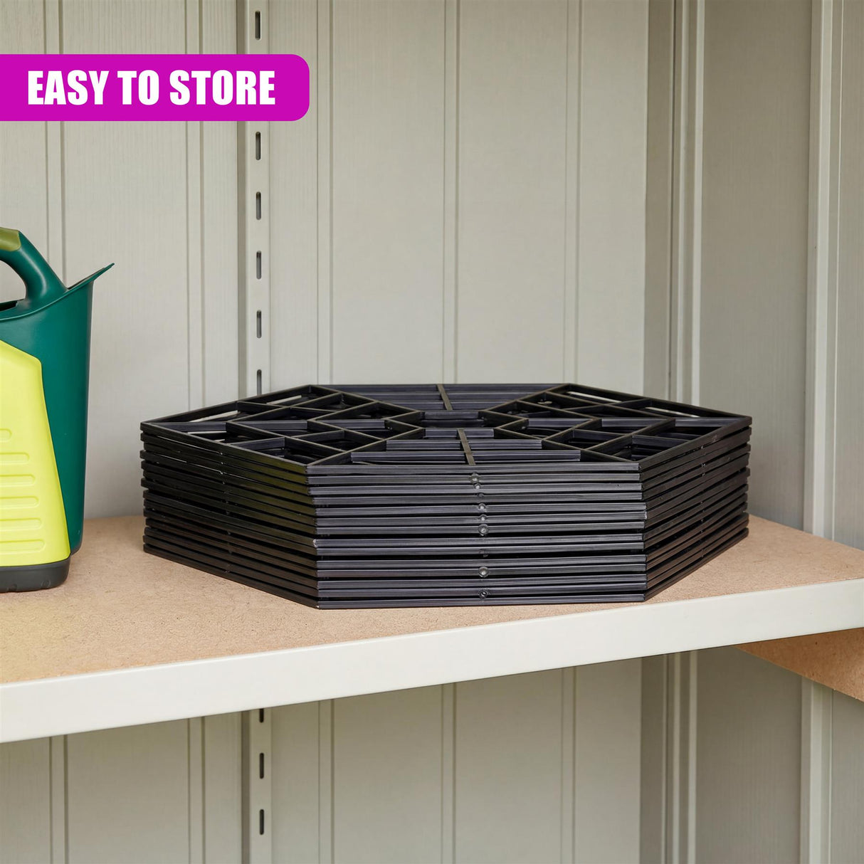 A stack of dark gray, interlocking grid sections designed for pond protection.