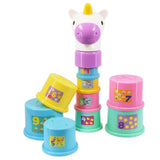 Stackable toy cups including a unicorn head and various numbered, colorful bases.